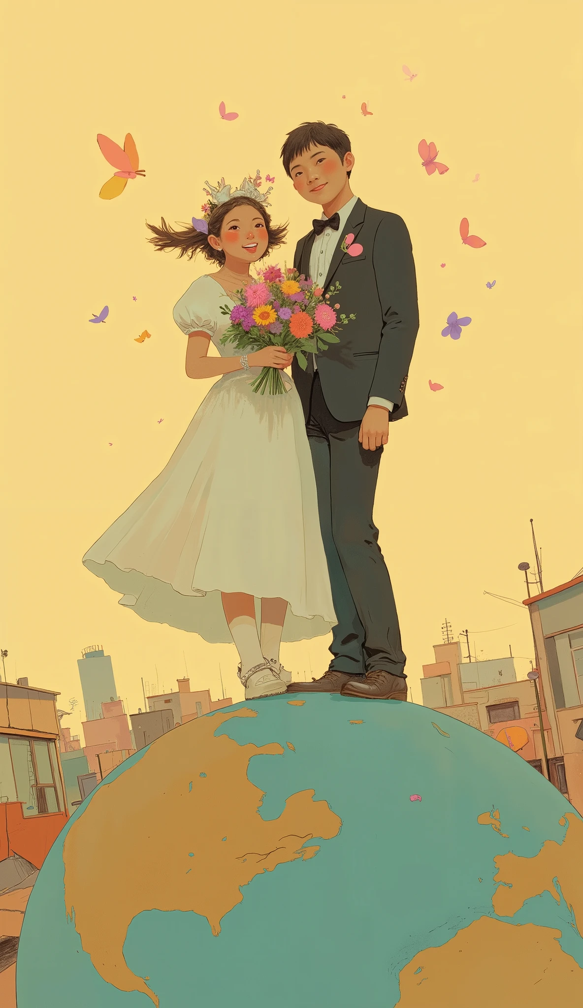 has an illustration of a couple standing on a globe, Picture holding 、happy!!!, happy, wedding with bouquet, happy couple, OFFICIAL ARTwork, Detailed BD cover , OFFICIAL ART, happy feeling, Advertisement Art, beautiful and expressive painting, very very happy!, Art Cover, amazing