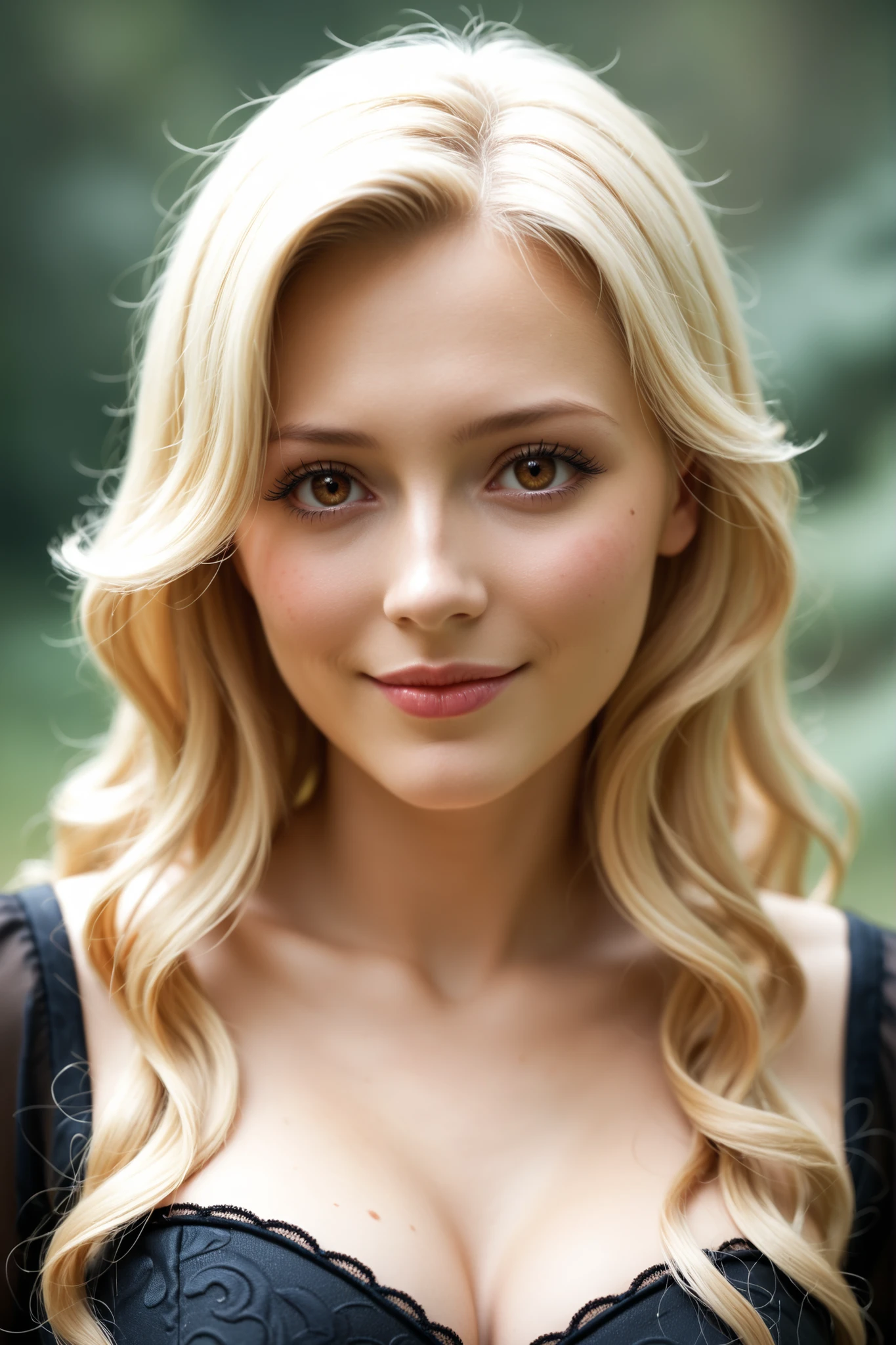 (masterpiece, best quality, 8k, ultra realistic, photorealistic),
1 girl,
very elegant woman, very beautiful woman, very attractive woman, extremely feminine face, natural makeup, chubby_face:0.1
oval face-shape, wide face-shape, short face-shape:0.3,
very long hair, soft wavy hair, bright blonde hair,
thin eyebrows, arched defined eyebrows,
almond-shaped eyes, big eyes, brown eyes,
slender straight nose, narrow delicate nose, thin slender nostril wings, small nostrils,
full round feminine cheeks,
soft lips, rosa lips, feminine lips,
wearing strapless dress, friendly-smile-expression, closed mouth, looking_at_viewer, photo studio portrait