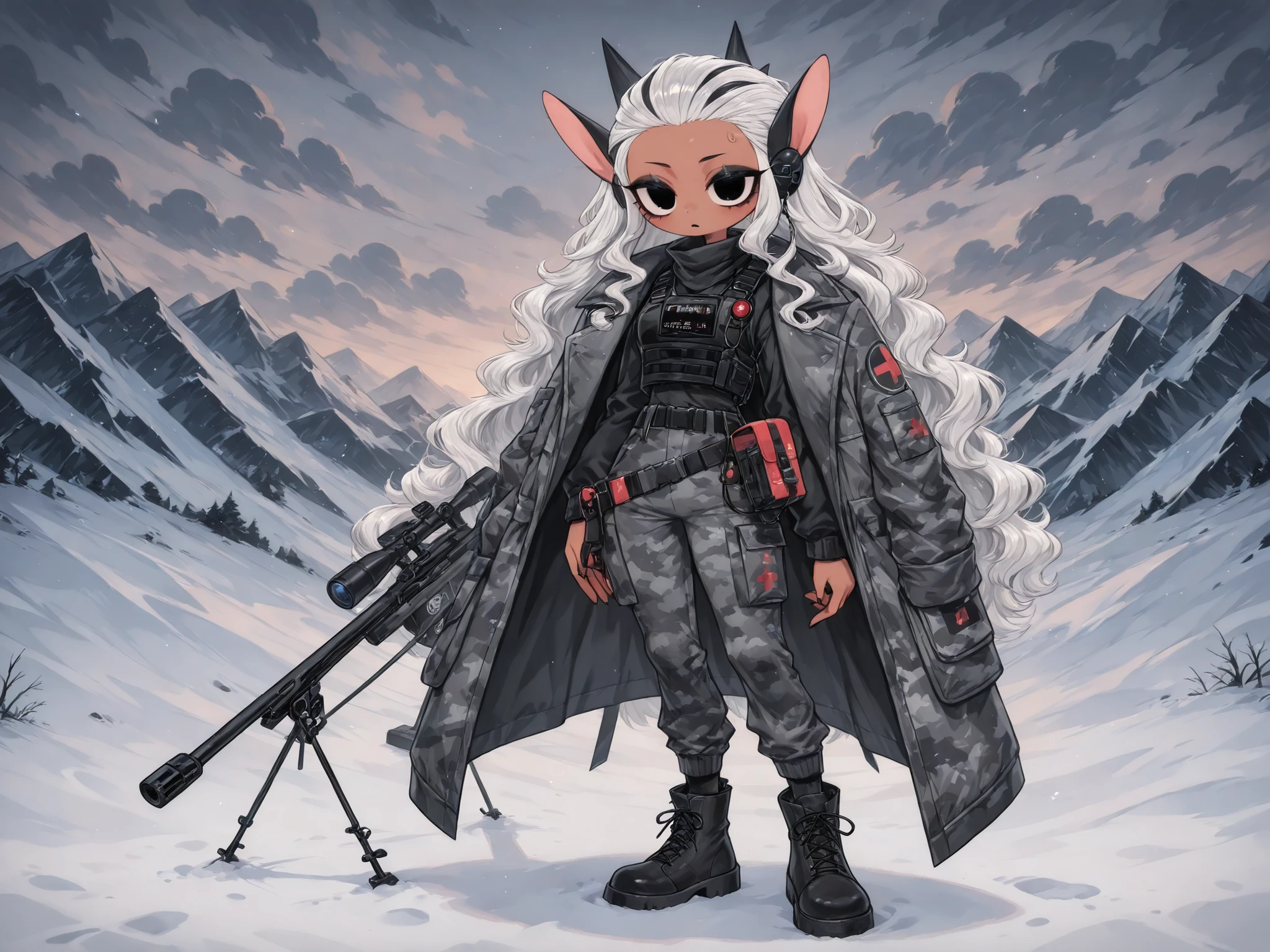 (edanoma_meu_illu,) The woman is a Military paramedic. She has slim build, small breasts, narrow hips. She has dark tanned skin. She has jet-black short wavy hair slicked back. She has black eyes. She has red lipstick and black eyeshadow. She is wearing a winter military uniform with an ash-white camouflage print:a oversize coat and  warm pants with pockets. She is wearing a black bulletproof vest, a belt with a pouch, and a hip-belt with an additional purse. She wears military black ankle boots with white lacing. She has a military medic's emergency medical kit on her back. On her shoulders she has a red patch in the form of a medical cross. she has walky talky on her chest and earphone on one of her ears. She has a service pistol on her belt and a Sniper Rifle on her back. (On the background:slightly snowy tundra landscape,with cloudy light snowfall.)