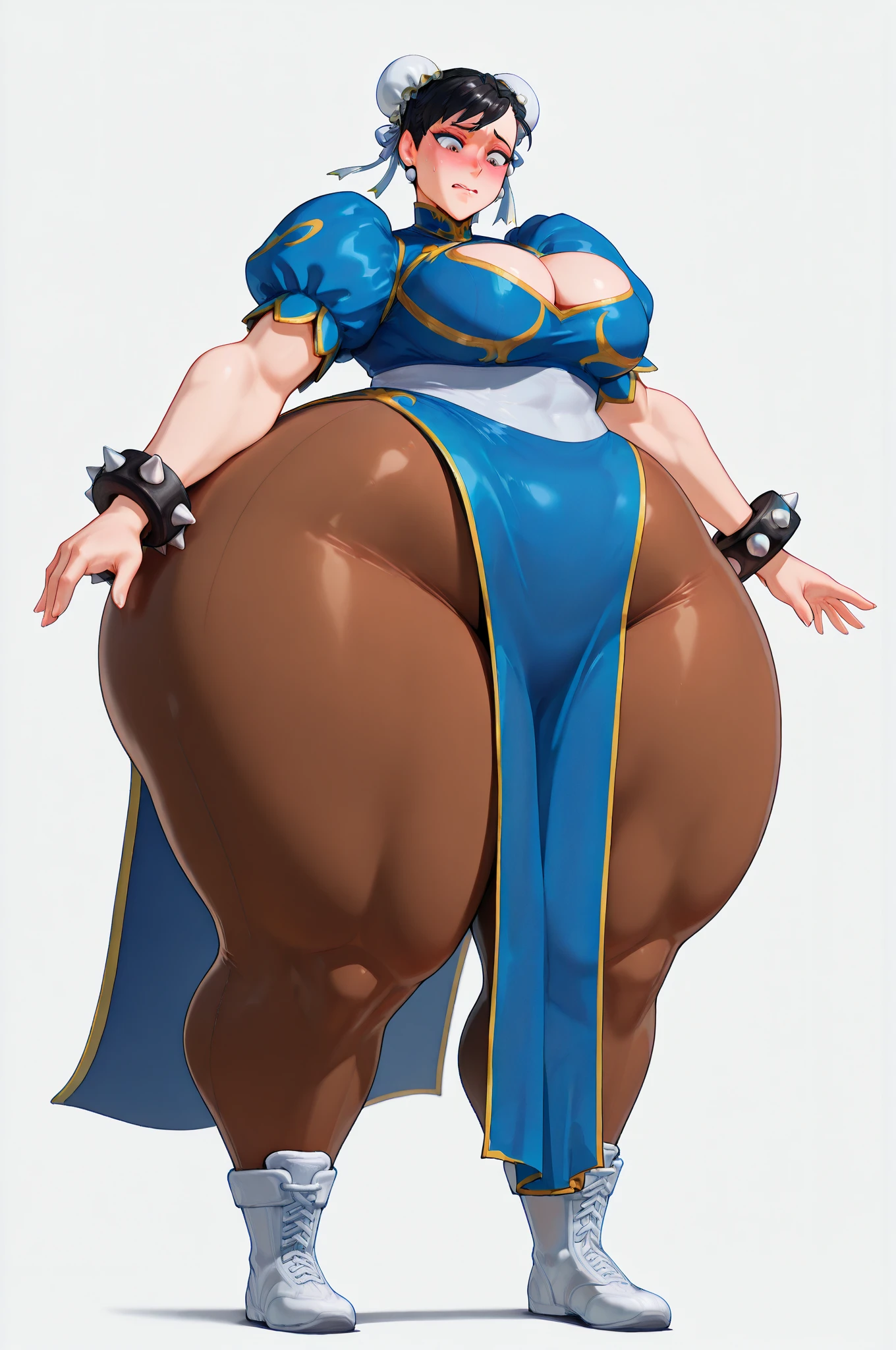 (masterpiece), best quality, female warrior, huge girl, female muscular:1.2, shoulder armor, pauldron, (curvy:1.7), (((blank background))), ((full body)), fingerless gloves, sandals, sleeveless, covered nipples, ((buzzcut hairstyle)), purple hair, hair over eyes, ((very big legs:1.4)), ((camel toe)), (cleavage),