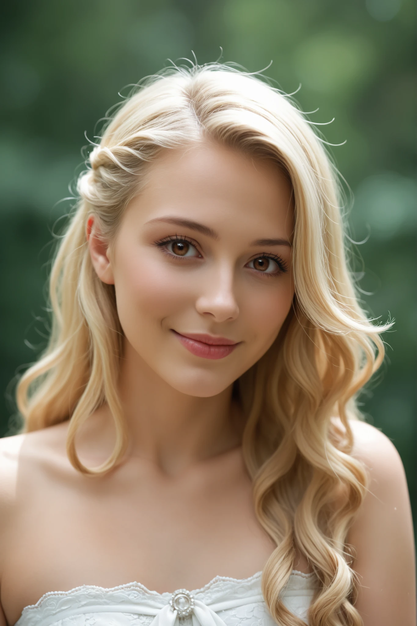 (masterpiece, best quality, 8k, ultra realistic, photorealistic),
1 girl,
very elegant woman, very beautiful woman, very attractive woman, extremely feminine face, natural makeup, clean_skin, chubby_face:0.3
oval face-shape, wide face-shape, perfect rounded feminine chin, short face-shape:0.3,
very long hair, soft wavy hair, bright blonde hair,
thin eyebrows, arched defined eyebrows,
almond-shaped eyes, big eyes, brown eyes, wide-set eyes,
slender straight nose, narrow delicate nose,
full round feminine cheeks,
soft lips, rosa lips, feminine lips,
wearing strapless dress, friendly-smile-expression, closed mouth, looking_at_viewer, photo studio portrait