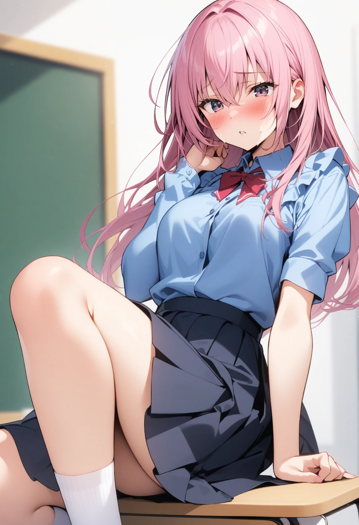 Short Skirt, blushing, girl, long hair, cosplay, seeing under skirt, cat ears, Socks, white ?????????, cute pose