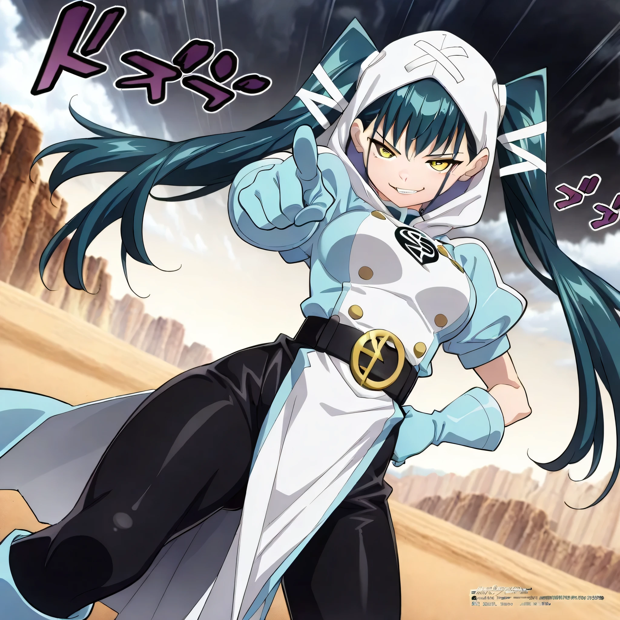 (((Masterpiece))), (((Best Quality))), ((Super Detail)), ultra-High resolution, score_9,score_8_up,score_7_up,score_6_up,score_5_up,score_4_up, BREAK, source_anime, anime screencap, uncensored, Masterpiece, (absurdres), (detailed background), (very aesthetic), detailed beautiful eyes, outstanding, an exquisite animation illustration, curvy, highres, dark persona, hood, hood up, bodysuit under clothes, black bodysuit, light blue surcoat, light blue shirt, short sleeves, black sash, light blue gloves, light blue boots, (((solo, 1girl))), hair ornament, seductive pose, submissive pose, anime style, anime coloring, animification, megami magazine, sexy pose, medium breasts, yachiho azuma, dark teal hair, twin tails, white ribbons in hair, yellow eyes, bangs, sharp eyes, wide hips, one arm pointing at viewer, menacing smirk, dynamic pose, dramatic wind, pointing at viewer, pointing, speed line, motion line, foreshortening, standing, standing at attention, standing still, spreading legs, hand on hip, dark cloud, desert, dynamic angle, cinematic angle, dutch angle,