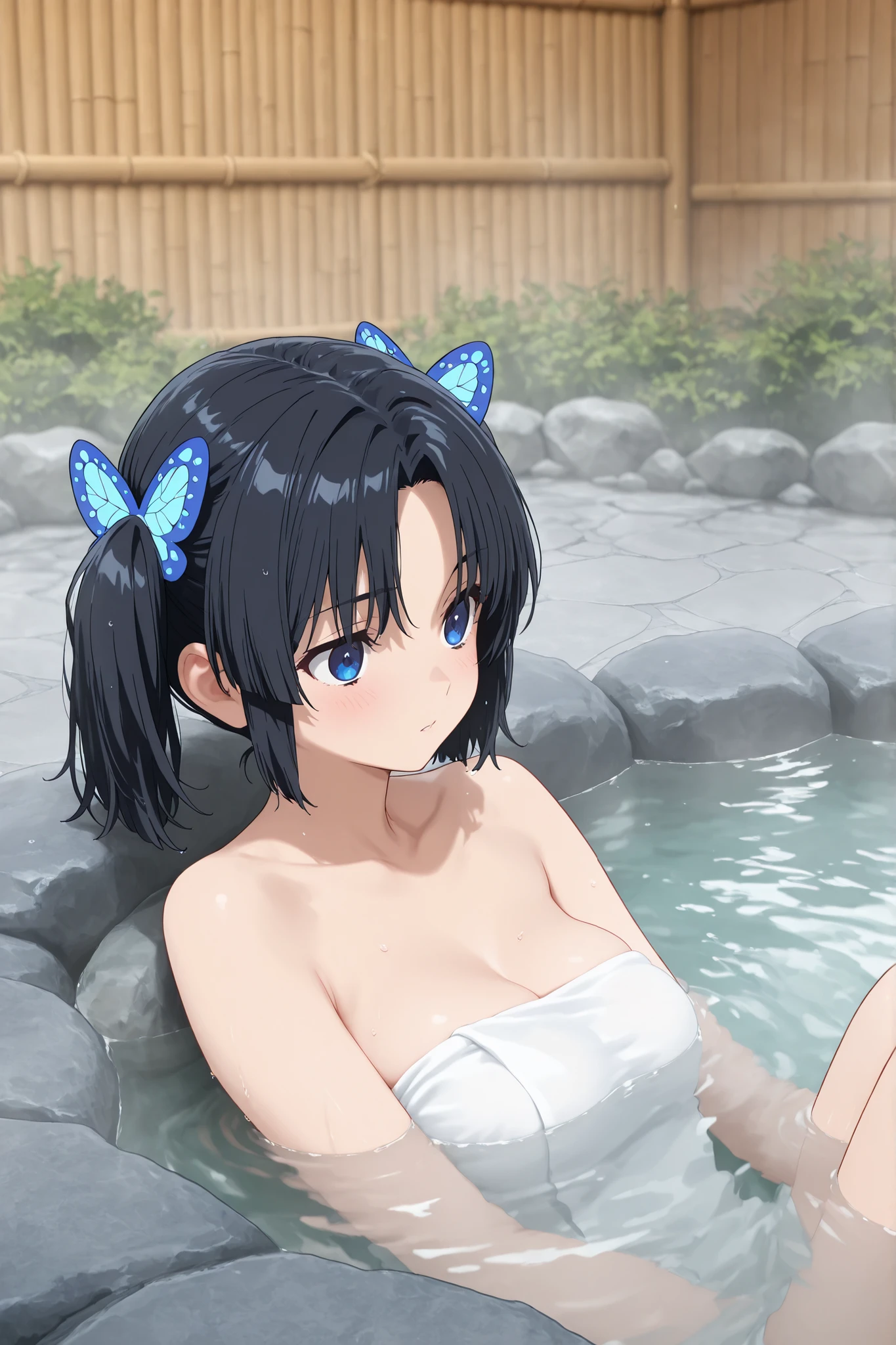openair bath,onsen,aoi kanzaki, blue eyes, black hair, hair ornament, twintails, butterfly hair ornament,,温泉に入る