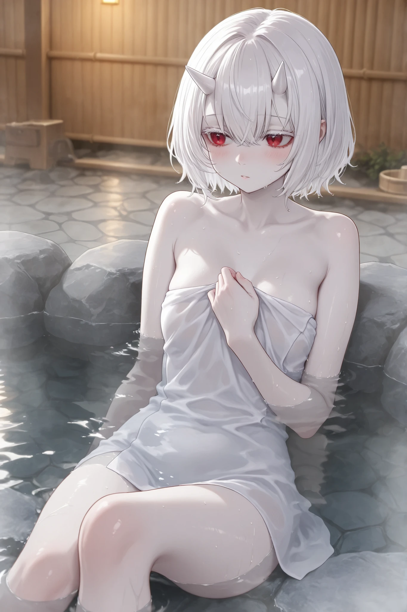 short horns,white horns,red eyes,white hair,short hair,pale skin,white skin,openair bath,onsen,鬼滅の刃、ムカゴ、夜、温泉