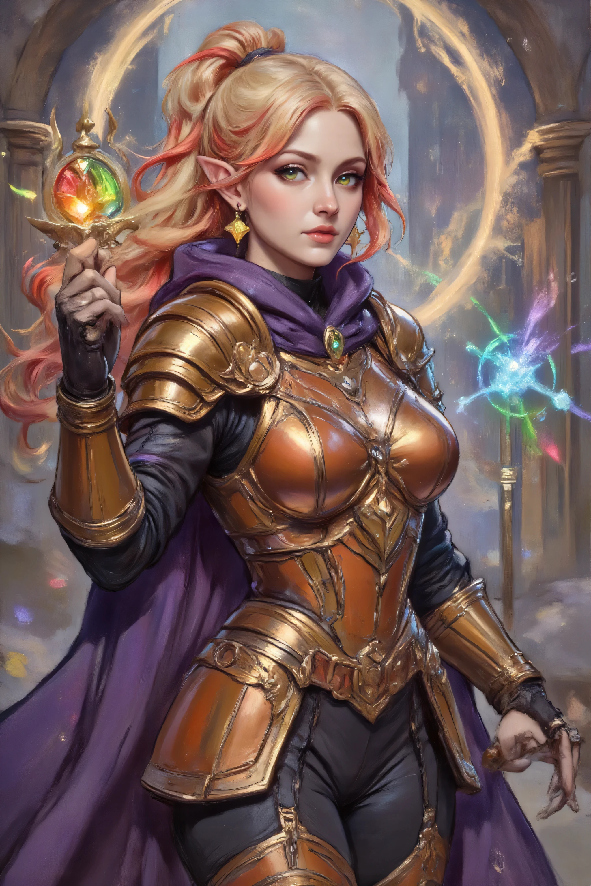 Colorful,zavy-ctcmcs,w1n,hyp3rd3tail style,aidmamj6.1,a picture of a female elf (intense details, Masterpiece, best quality) fantasy cleric, fantasy celestial guardian, armed with a holy symbol, shinning holy symbol, metallic shine, an ultra wide shot, full body (intense details, Masterpiece, best quality)epic beautiful woman, blond and red colored hair,  rich hair, glowing eyes, action shot, purple cloak, long cloak, orange armorת colorful magical sigils in the air, colorful divine markings floating,  holding a holy symbol (intricate details, Masterpiece, best quality), fantasy urban street (intense details, Masterpiece, best quality),  sense of daring, sense of adventure,  high details, best quality, 16k, [ultra detailed], masterpiece, best quality, (extremely detailed), dynamic angle, ultra wide shot, photorealistic, RAW, fantasy art, dnd art,fantasy art, realistic art,