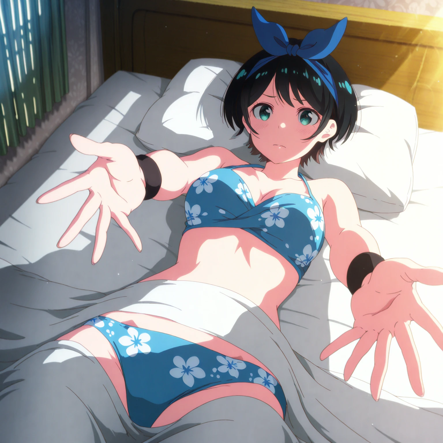 masterpiece,best quality,<lora:takanashi_rikka:1>,solo, eyepatch, takanashi_rikka, ahoge, medical_eyepatch, swimsuit, bikini, one_side_up, frills, bandages, frilled_bikini, chuunibyou_demo_koi_ga_shitai!, 1girl