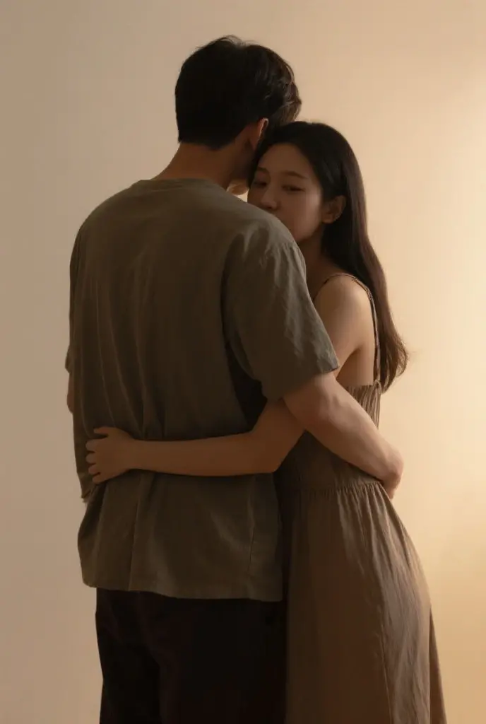 A man with trouser hug 18 years old girl nude body, in the mat, side view, standing