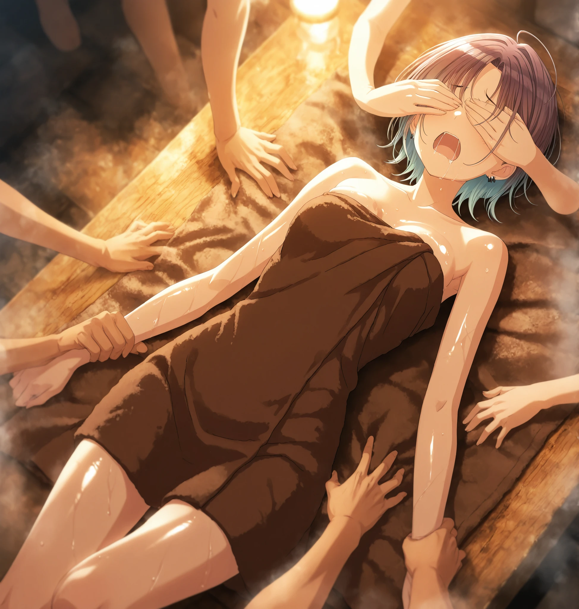  masterpiece,best quality, good quality, from above ,,indoors,((cinematic light, dark)) shanimas,  source_anime,asakura toru, short hair, brown hair, blue hair, blue eyes, parted bangs, 1girl, solo, ((wince, , furrowed brow,)),, looking away, ahoge, earrings, ( towel, dark brown towel), , ((frustrated, saliva, open mouth)) , small , (slim arms), , from above, (on back, ), steam ,head tilt, light embarrassed, oiled skin, shiny skin, arms at side,(dutch angle,),((many female`s hands wrapped around the girl, grabbing another`s , covering eyes, :1.2)),