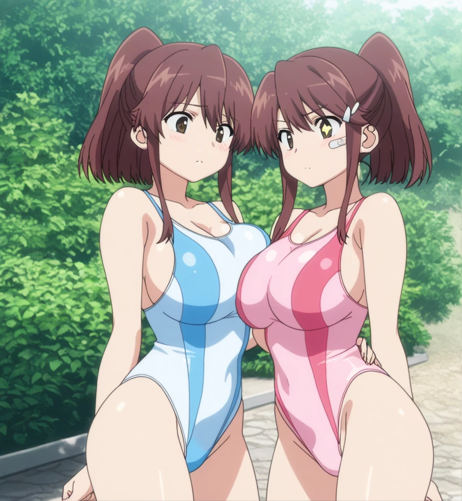 Best Quality, 超A high resolution, nsfw, Momoka Yada, wet red satin panties black bra、Colossal tits、Erotic body、Smile embarrassedly, Slingshot swimsuit, (hip focus:1.1)