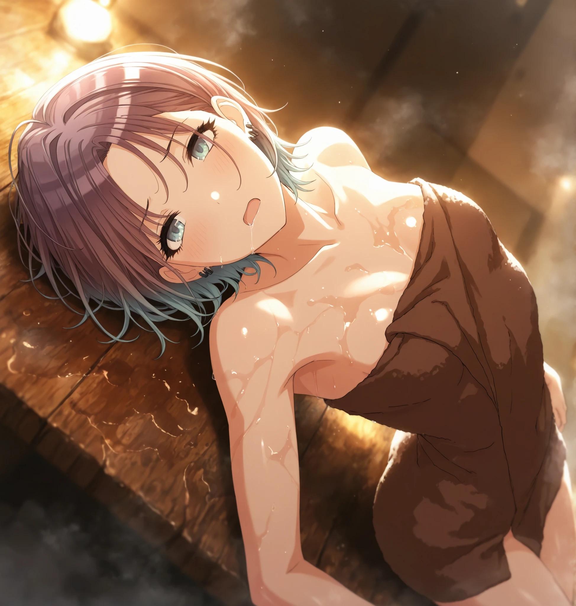 masterpiece,best quality, good quality, from above ,,indoors,((cinematic light ,dark)) shanimas, source_anime,asakura toru, short hair, brown hair, blue hair, blue eyes, parted bangs, half-closed eyes, 1girl, solo, looking up, ahoge, earrings, ( towel, dark brown towel), ((( ,frown ,embarrassed:1.2))) , small , (slim arms), , from above, (on back, arched back), steam ,head tilt, , oiled skin, shiny skin, arms at side, dutch angle, light open mouth, saliva,
