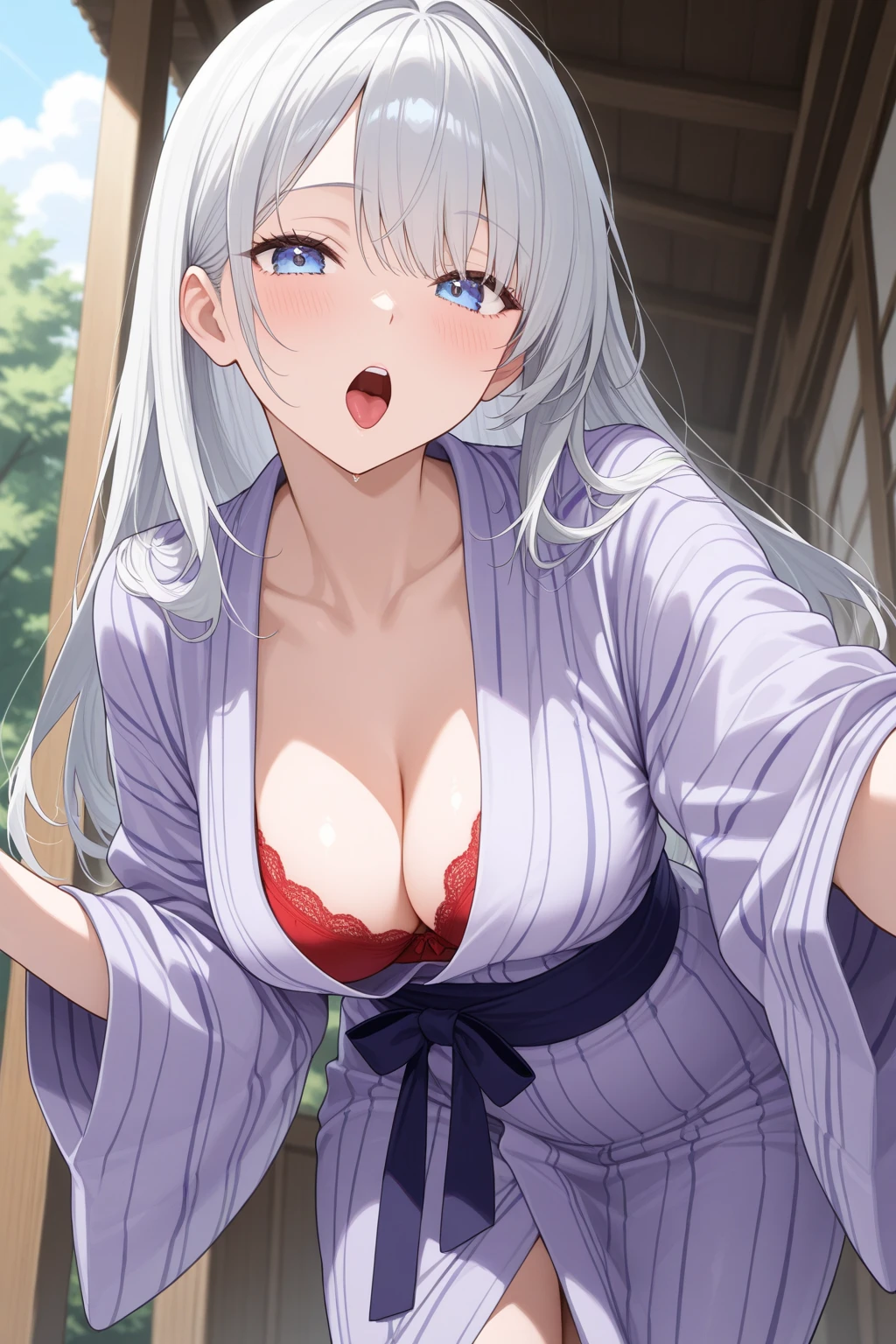 Masterpiece, detailed anime poster, (((wide smile, with extremely detailed sharp teeth))), 1girl,solo,huge breasts, ghost costume , (hitodama) ,night, tombstone, graveyard,,, long sleeves, very long sleeves, , ghost, pale skin,, off shoulder, cleavage, no bra, (((extremely long white hair))), sitting on tombstone, bare legs, shredded tattered clothes, curvy wide hips, massive breasts, chubby thighs, (((beautiful bright pink anime eyes))), japanese temple,