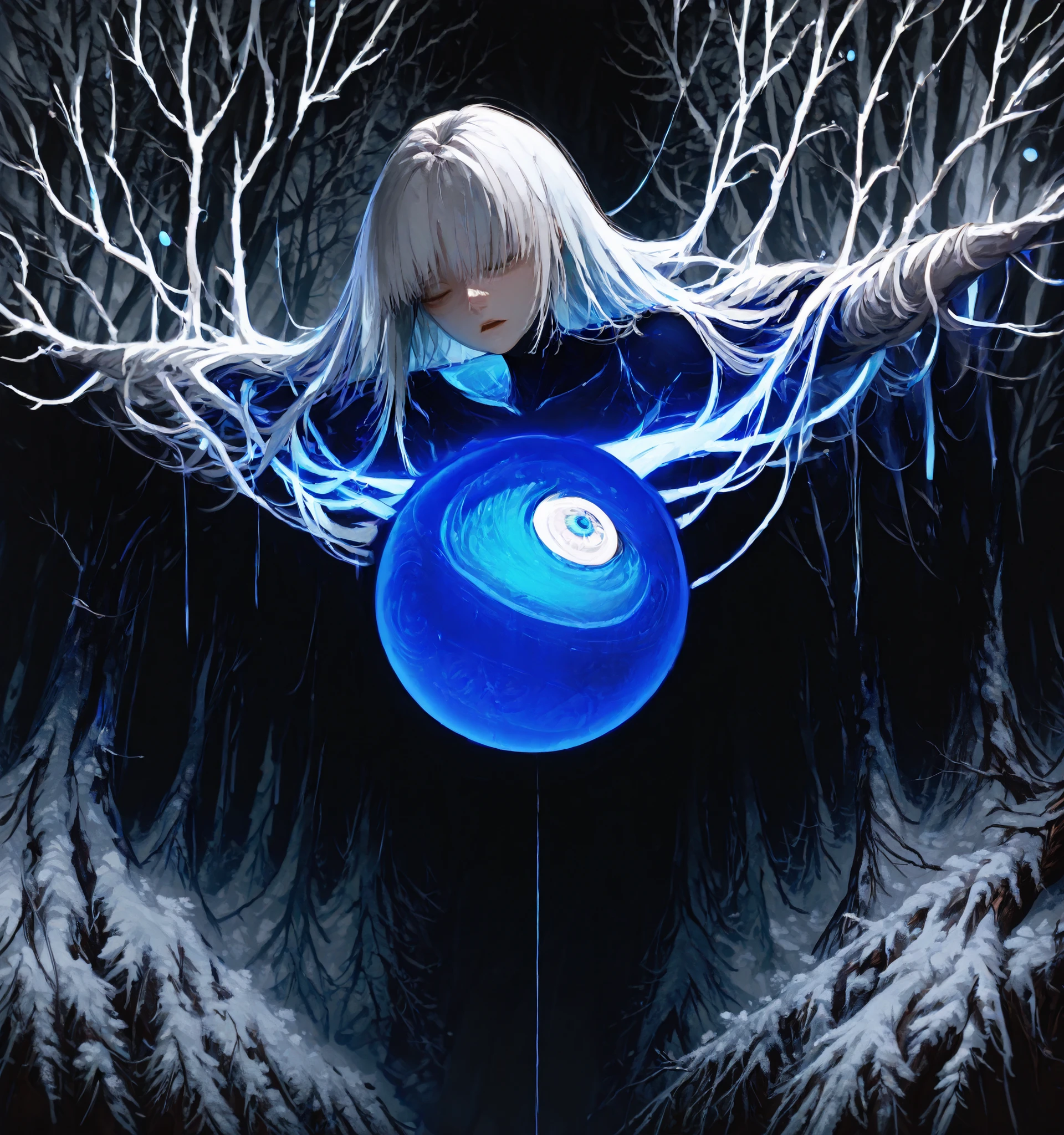 The image setting is mystical, Forest Landscape, , shrouded in an aura of magic. trees, with empty leaves and branches, curled to the sky, suggests the cold season, maybe, winter. held by refined hair The color palette is dominated by muted gray and brown, , creating a dark and creepy mood. The figure in the foreground is decorated with black, form- a suitable outfit, that elegantly drapes along its, , accentuated by a thread of delicate pearls around its neck. world masterpiece theater long, silver hair falling down her back, , in part pin, , shape reflecting an atmosphere of regal elegance. x} The glow comes from a sapphire blue ball, , mysteriously floating to the left, , radiating ethereal light onto the environment. This comparison of the bright energy of the ball with the muted forest creates a captivating visual contrast.
