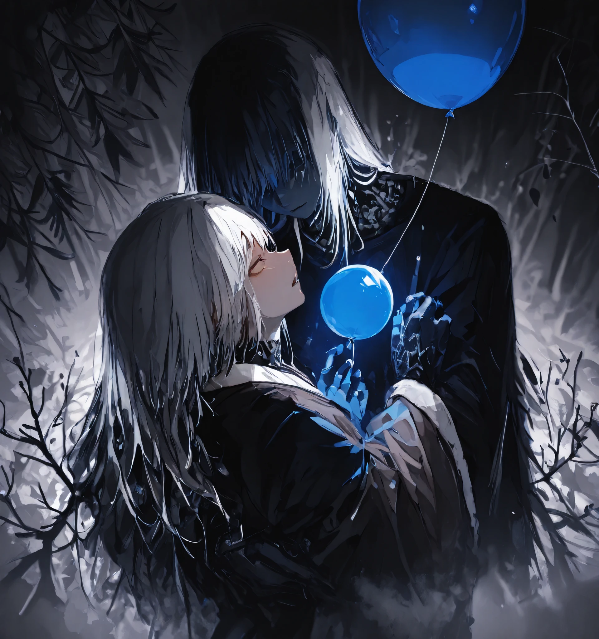 is dominated by muted gray and brown tones, shrouded in an aura of magic. Trees with empty leaves and branches, curved to the sky, suggest the cold season, maybe, about winter. In the color palette, supported by elegant hair, radiating unearthly light into the environment, create an atmosphere of regal elegance. The figure in the foreground is dressed in black, a matching outfit, that elegantly fits her, accentuated by a thread of delicate pearls around its neck. theater of world masterpieces. long silver hair, falling on your back and stabbed with a barrette, . The concept of the image for processing does not change. x} The radiance radiates, mysteriously floating on the left, that creates a dark and eerie mood. The environment of the image is a mystical forest landscape {x} This comparison of the bright energy of a balloon with a muted forest creates an exciting visual contrast. from a sapphire blue ball!
