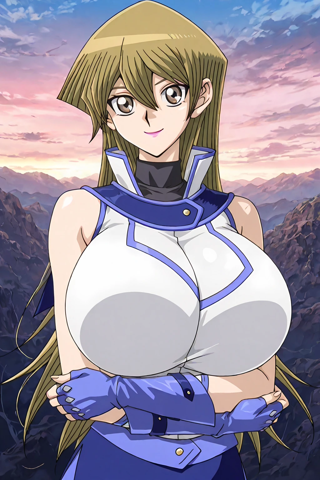 Belldandy, huge_breasts, blue_eyes, brown_hair, (facial_mark:1.3), <lora:Belldandy:.45>