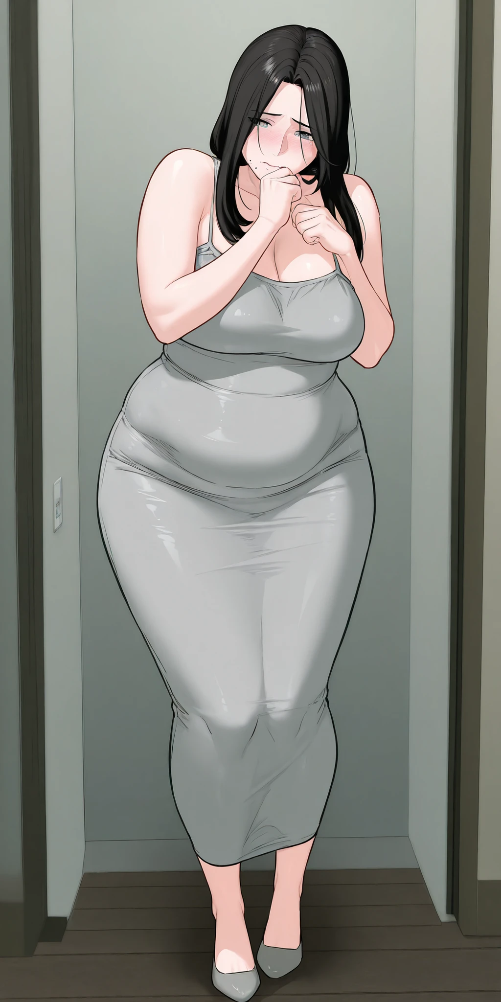full body,,hanyuri, 1girl, solo, grey eyes, black hair, long hair, mole under mouth,short camisole dress, too tight camisole dress, bare shoulders ,thigh,mature,housewife,milf, shy, insecure, chubby, overweight, hip dips, wide hips,