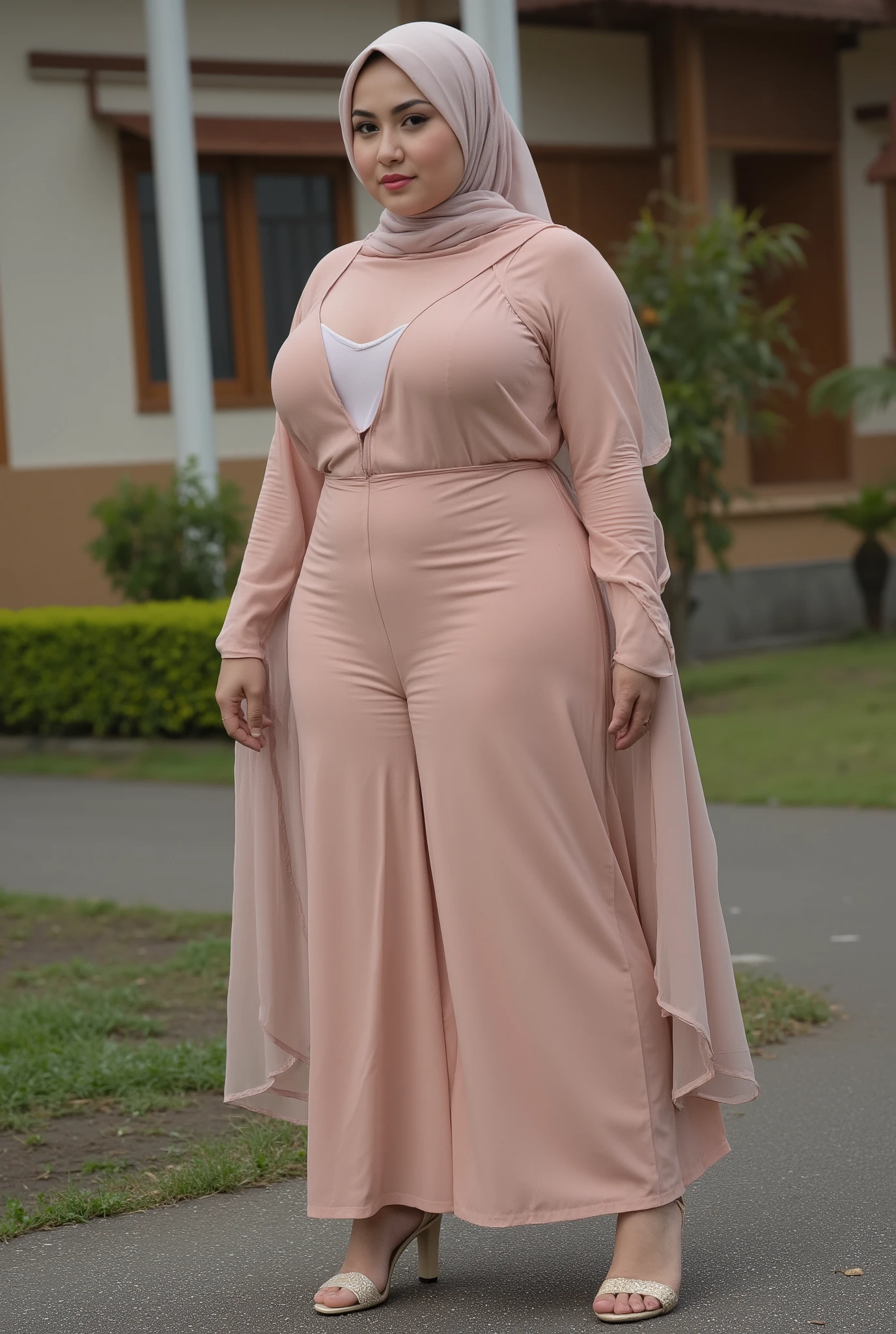 ( Close Up),RAW, Best quality, high resolution, masterpiece: 1.3), beautiful Malay woman in hijab,Masterpiece, perfect fit body, big breast,big gorgeous eyes, Soft smile,beutiful face,thick thighs, sitting, close up of a woman wearing a pink dress and a white head scarf, modest flowing gown,  dress, yellow robes, sophisticated dress, long dress female, pink color, beautiful soft silky dress, hijab, elegant dress, yellow colors, pink clothes,light pink, soft silk dress, stylish dress, full covered dress, beautiful silky dress, yellow colours , (Delicate turtleneck) , shairband, afternoon walk, City garden, Excellent lighting, Bright colors, Clean lines,