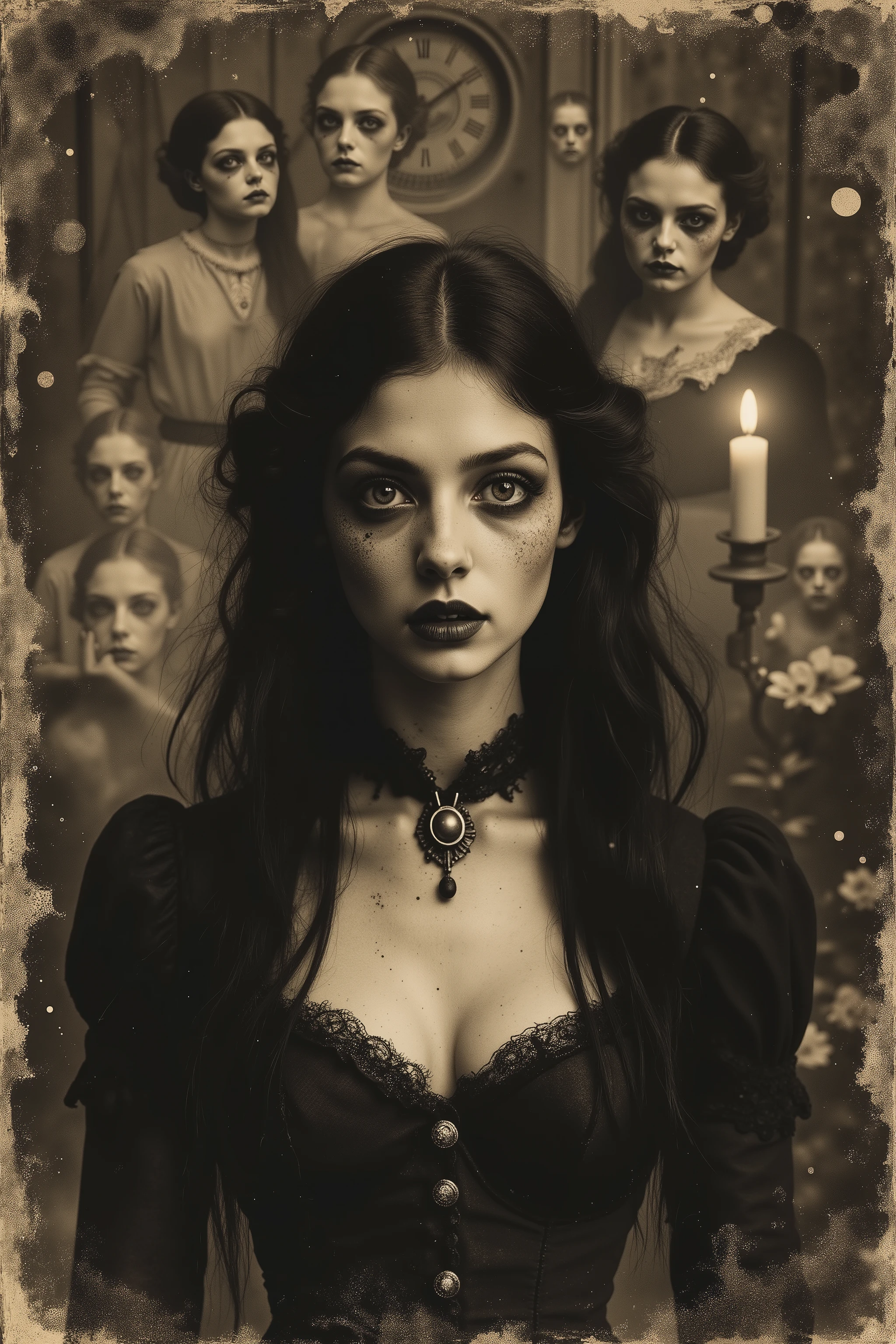 Daguerreotype photograph, tintype, sepia-toned, brown and yellowed with age, antique, vintage, authentic look, ultra-realistic, photo-realistic, ultra-detailed, HAUNTING GOTHIC NIGHTMARE:
A mesmerizing Victorian horror portrait where ethereal beauty meets supernatural dread:
HAUNTING MANIFESTATIONS:
- Phantom faces screaming silently through her skin
- Wraith-like figures dancing in peripheral vision
- Ghostly children playing in mirrors behind her
- Lost souls trapped in her eyes, trying to escape
- Spectral hands reaching through her hair
- Time-worn photographs showing different faces
- Echoes of past victims are visible in reflections
- Shadow people lurking between candlelight
GOTHIC BEAUTY ELEMENTS:
- Aristocratic pale beauty with haunted eyes
- Black Victorian mourning dress with bone buttons
- Silver-threaded cobweb lace details
- Blood-stained pearl choker
- Intricate death's head cameo brooch
- Long black hair moving against gravity
- Dark lipstick appearing like fresh blood
- Ornate silver rings on skeletal fingers
SUPERNATURAL HORROR:
- Reality fracturing around her presence
- Walls bleeding black ectoplasm
- Ghostly mist forming skeletal shapes
- Demon faces morphing in wallpaper
- Clock hands spinning backwards
- Furniture casting impossible shadows
- Doors opening to void dimensions
- Parasitic entities feeding on her aura
PSYCHOLOGICAL TERROR:
- Expression shifting between beauty and horror
- Multiple versions of her face overlapping
- Time-worn photographs showing her throughout the centuries
- Mirror reflections showing decomposition
- Windows revealing different time periods
- Room deteriorating at the edges
- Reality-bending in impossible ways
- Madness seeping through dimensional cracks
ATMOSPHERIC ELEMENTS:
- Ghostly orbs floating in darkness
- Candlelight flickering unnaturally
- Victorian parlor decaying in real-time
- Fog carrying whispers of the dead
- Moonlight casting skeleton shadows
- Dead flowers reanimating
- Dust particles forming faces
- Temperature drops are visible in the air
Macabre, gothic, victorian, melancholic, dark fantasy art, highly detailed, scary, complex, surreal, disquieting, unnerving, nightmarish imagery, otherworldly, startling presence, icon style, iconic characters, professional movie quality images, cinematic photography, cinematography, full focus, UHDR, highres, physically-based rendering, spooky atmosphere, creepy creepstyle, strange station, wired weirdcore, beautiful young women with very large chests, corsets, hustles, Parted Lips, Makeup, Wide-Eyed, Kubrick Stare, Best Quality, a masterpiece.