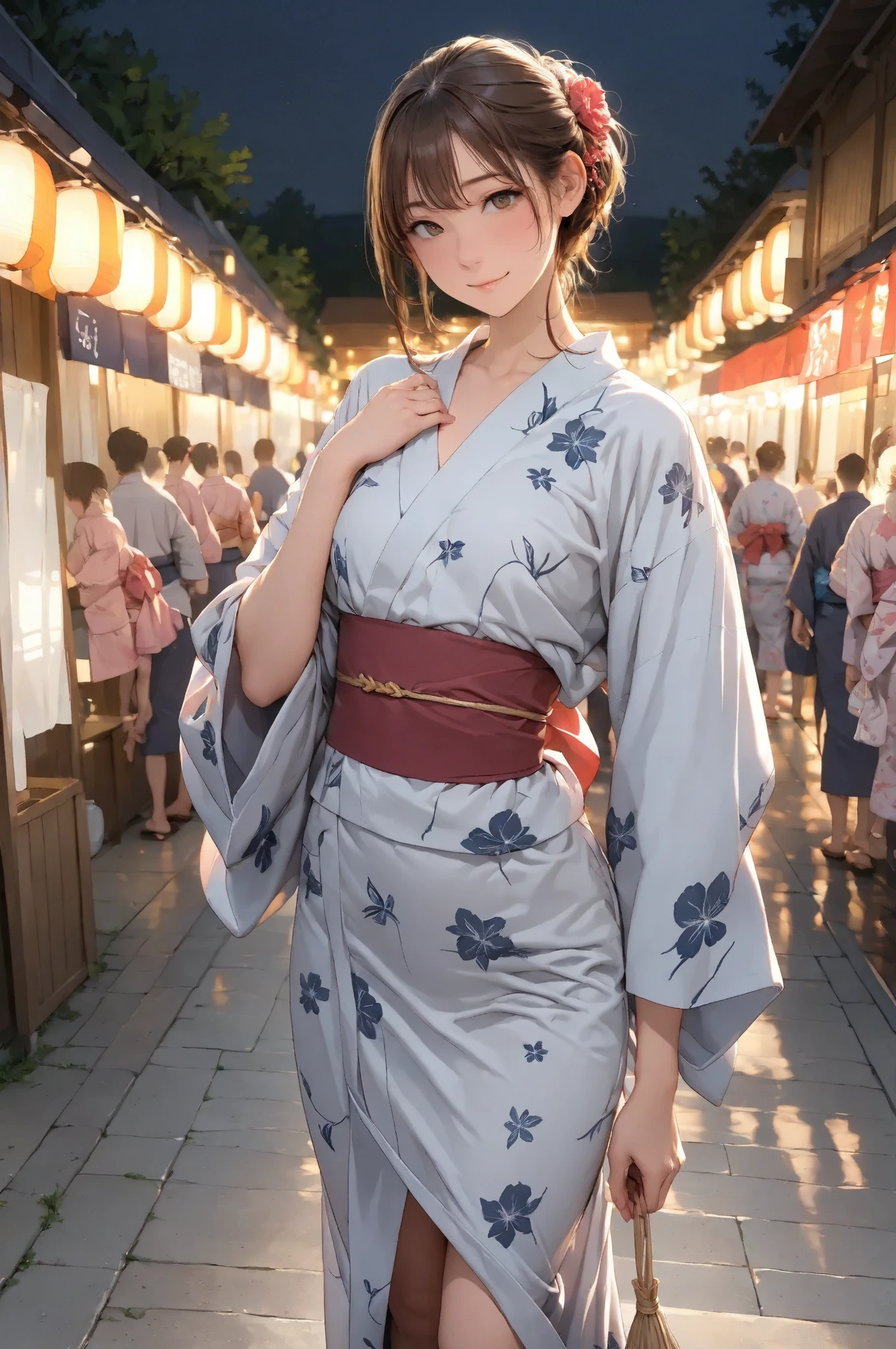 star \(sky\), starry sky, night, floral print, kimono, japanese clothes, night sky, sky, yukata, nakano miku, print kimono, fireworks, sash, blush, obi, brown hair, blue eyes, festival, blue kimono, shooting star, outdoors, looking at viewer, solo focus, building, breasts, snowing, smile, bangs, long sleeves, closed mouth, city, summer festival, large breasts, 1girl, light particles, eyebrows visible through hair, new year, milky way