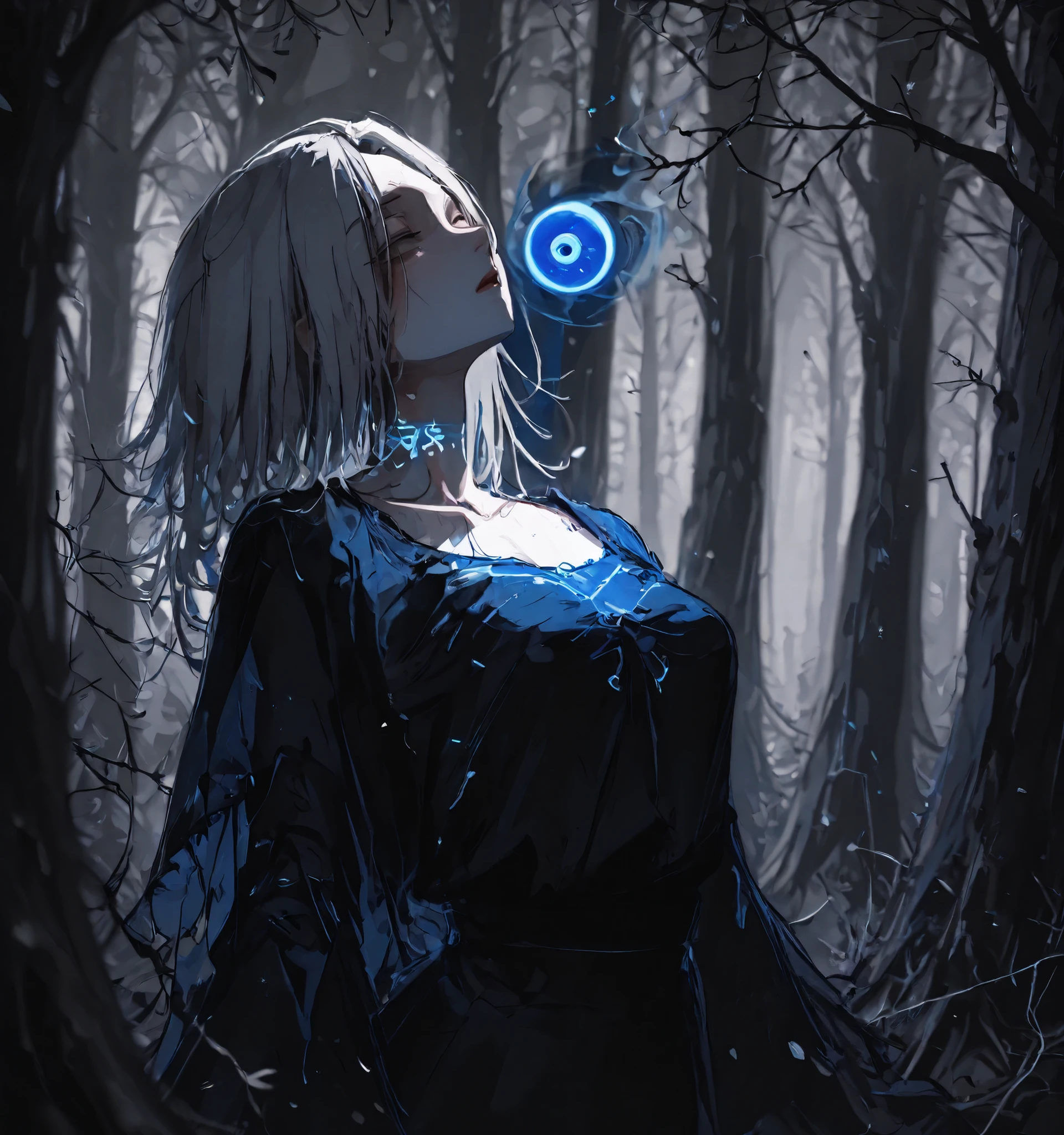 The image setting is mystical, Forest Landscape, , shrouded in an aura of magic. trees, with empty leaves and branches, curled to the sky, suggests the cold season, maybe, winter. held by refined hair The color palette is dominated by muted gray and brown, , creating a dark and creepy mood. The figure in the foreground is decorated with black, form- a suitable outfit, that elegantly drapes along its, , accentuated by a thread of delicate pearls around its neck. world masterpiece theater long, silver hair falling down her back, , in part pin, , shape reflecting an atmosphere of regal elegance. x} The glow comes from a sapphire blue ball, , mysteriously floating to the left, , radiating ethereal light onto the environment. This comparison of the bright energy of the ball with the muted forest creates a captivating visual contrast.