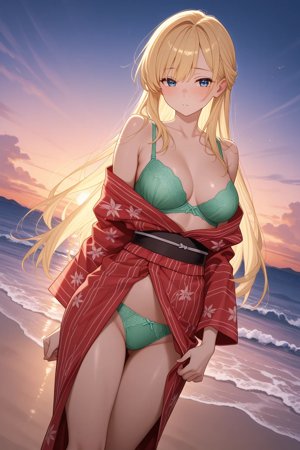 masterpiece, realistic,(8k, best quality, masterpiece:1.2),perfect artwork,highly detailed,ultra-detailed,masterclass,best quality,illustration,Depth of field
outdoors,seaside,beach,sea,
<lora:constellation1-000005:1>1girl,solo,collarbone, sidelocks,blush,big breasts,constellation,blonde hair, bangs,collarbone,long hair,bangs, red eyes,breasts, orb,bare shoulders,
hairband, hairclip,long sleeves,hairband, x hair ornament,hairband,wet,kimono,
looking at viewer
full body
