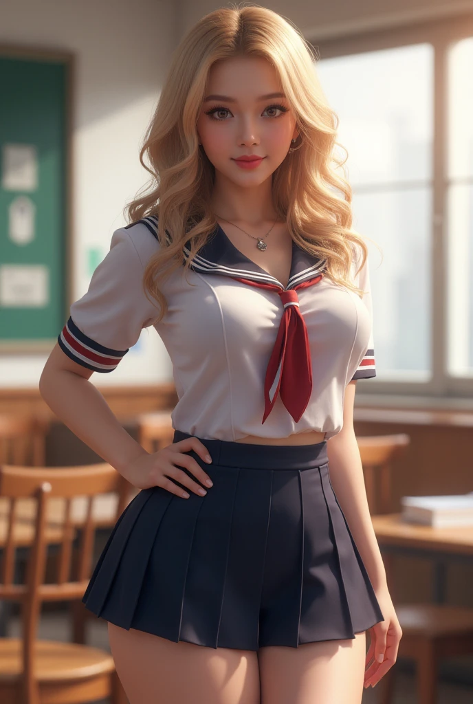 1girl, huge breasts, crop top, sexy, cute, detailed, masterpiece, high quality, absurdres, dynamic pose, smiling, detailed background, classroom, perfect hands,<lora:add_detail:1>
