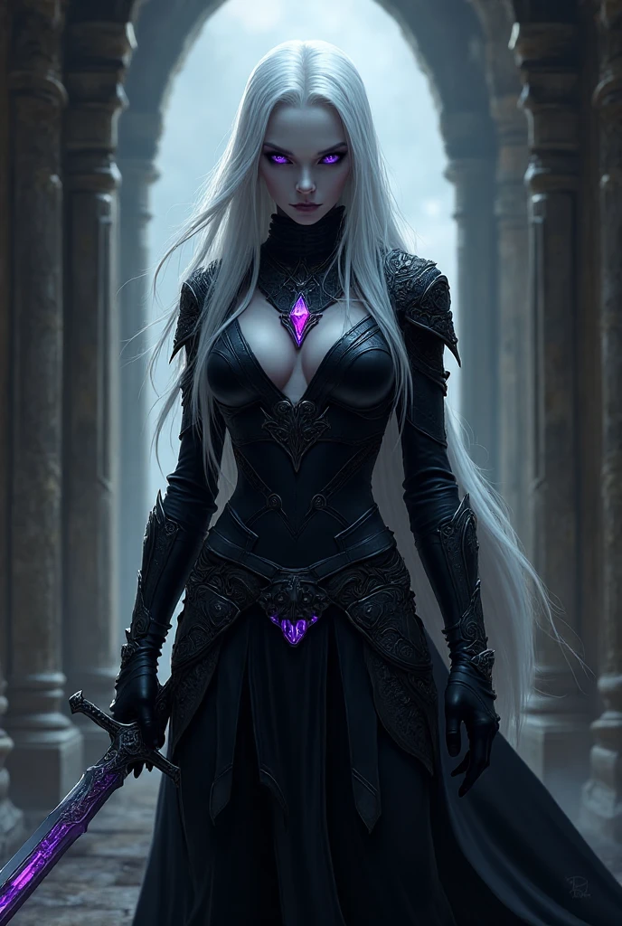 Beautiful drow girl, white hair, black armor, purple eyes, purple skirt.