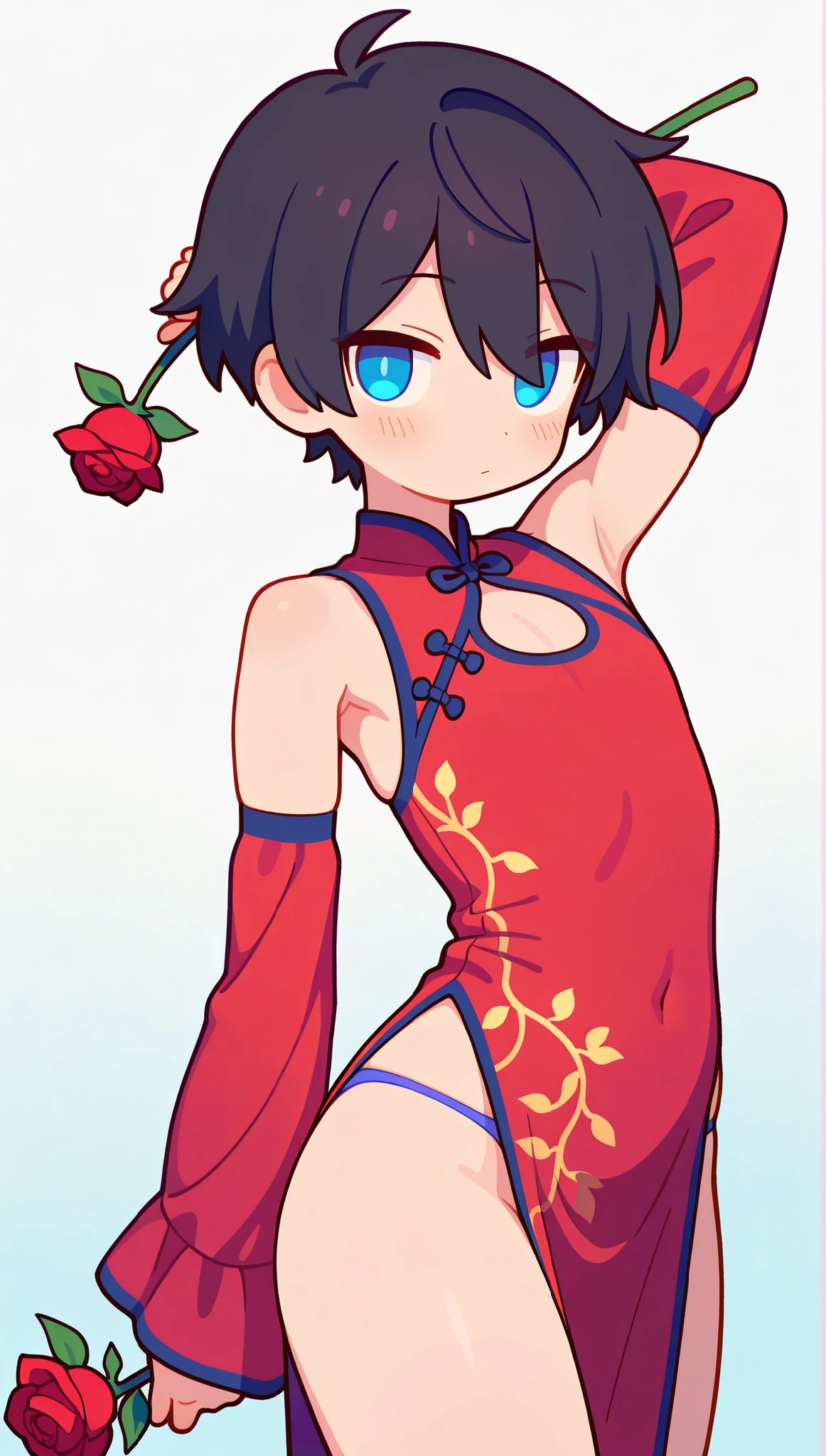 (masterpiece), best quality, amazing quality, very aesthetic, absurdres, highres, newest, smooth shading, glossy surfaces, luster, HDR, 8K, high detail RAW color art, 2024, expressive eyes, perfect face, chinese_clothes, crossdressing, skindentation, arm_up, armpits, see-through, 1boy, black_hair, solo, detached_sleeves, short_hair, rose, holding_flower, male_focus, underwear, holding, red_flower, red_rose, blue_eyes, flower