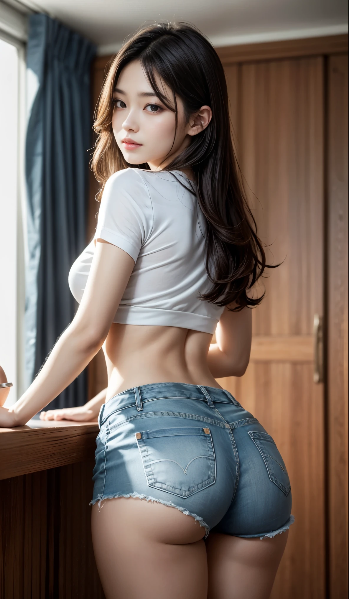 8K, tmasterpiece, RAW photogr, Best quality at best, realisticlying, Extremely detailed CG unified 8K, 8K, diamond, and wallpapers, depth of fields, 电影灯光, lens flare glow, Ray traching, (Extremely beautiful face, beautifullips, pretty eyes), Intricately detailed face, ((Ultra-delicate skin)) 1 girl, Beautiful Korean girl, K-pop idol,1 girl, ultra - detailed, hyper realisitc, Very detailed CG illustration, offcial art, 电影灯光, actual, Young and beautiful girl, perfect body figure, perfect body figure, full pov, perfect bodies, (Starting below:1.3), 的lewd poses,(巨bigger山雀:1.0), long sexy legs, (thigh gap:1.5),Wide hips,Self-confident, Beautiful Sexy, white short sleeve, Open the abdomen, bigger, lightweight denim shorts, S-shaped body, hip is cocked,placed in a,lewd poses,Different Perspectives,looking at viewert, (pale-skinned), (largeeyes),(ssmile:0.8),Turn Back, rear projection,