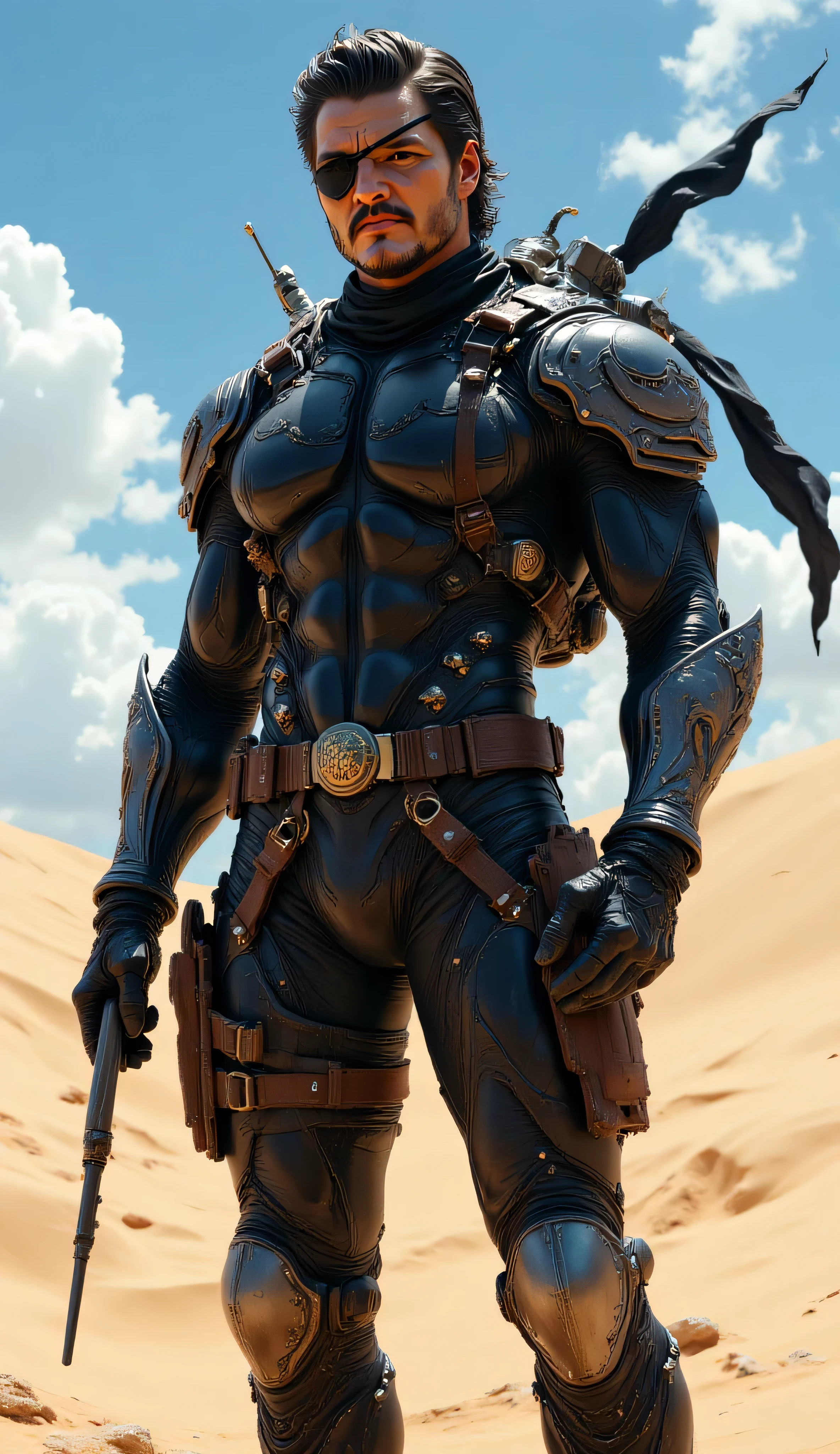 Pedro Pascal as Solid Snake, hyper-realistic, highly detailed, digital illustration, muscular soldier, futuristic stealth suit, standing confidently, desert environment, clear blue sky, wears a tight glossy black and silver bodysuit, muscular physique, armored segments on the arms and legs, tactical harness, multiple brown utility pouches, gold buckle, black gloves, eyepatch over right eye, slicked back short hair, rugged beard, serious expression, black bandana blowing in the wind, dramatic lighting, sand dunes, bright clear atmosphere, ultra-detailed, high contrast, comic book style, photorealistic shading and textures