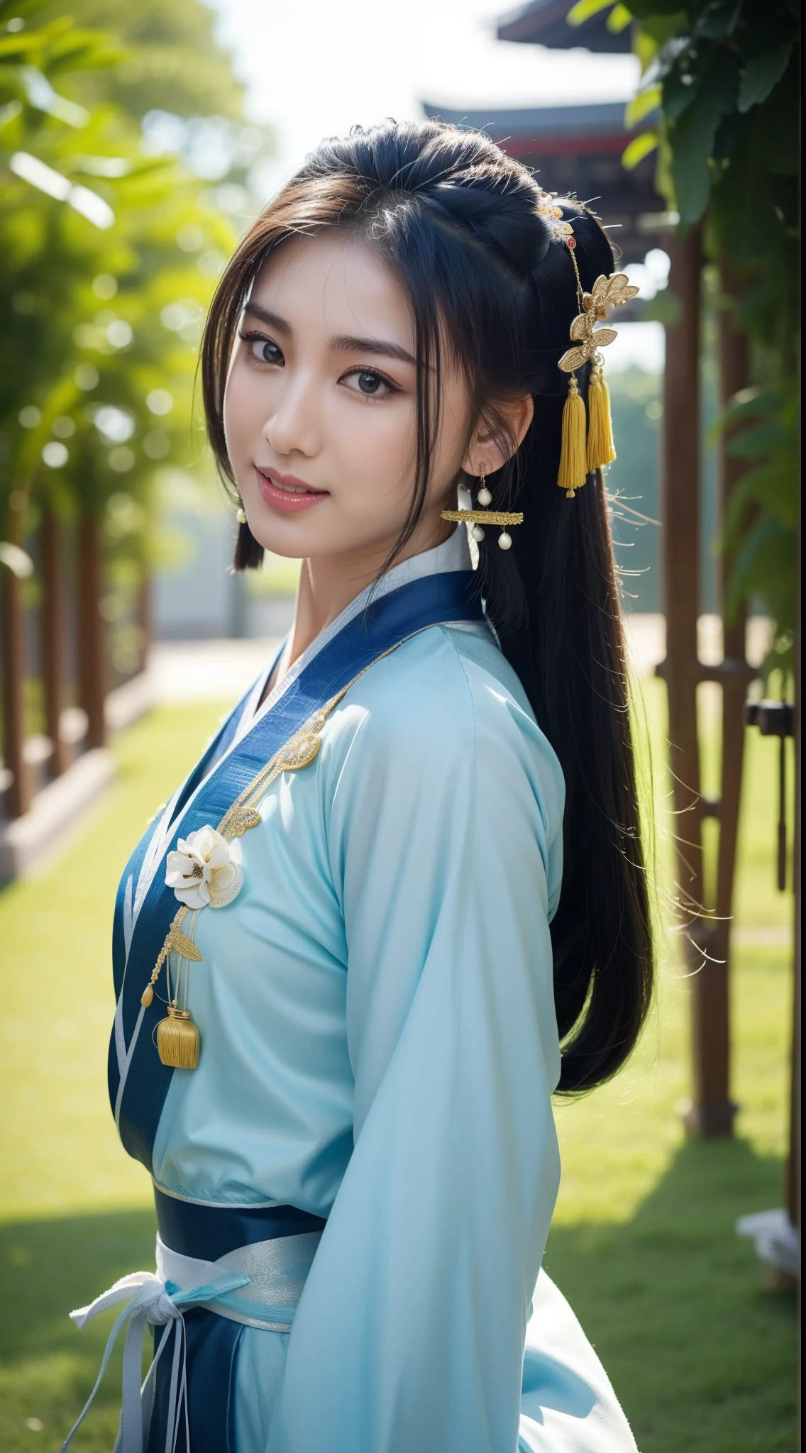 Fashion model 18 years old [[[[closeup cleavage]]]], [[[[boobgasm]]]], [[[[coll]]]], [[[[bshoulders]]]], perfect  eyes, Perfect iris，Perfect lips，perfect teeth，Perfect skin，with fair skin，Soft front light，hdr，Movie girl，Casual，Chinese costume heroine，Chinese martial arts style，Chinese martial arts costumes，Simple hairstyle，ssmile，The background is the field，rios，4K Ultra HD, 超高分辨率, (Photorealistic: 1.4), Best quality，Masterpiece，Utra dilution，（pastel colour：1.2）