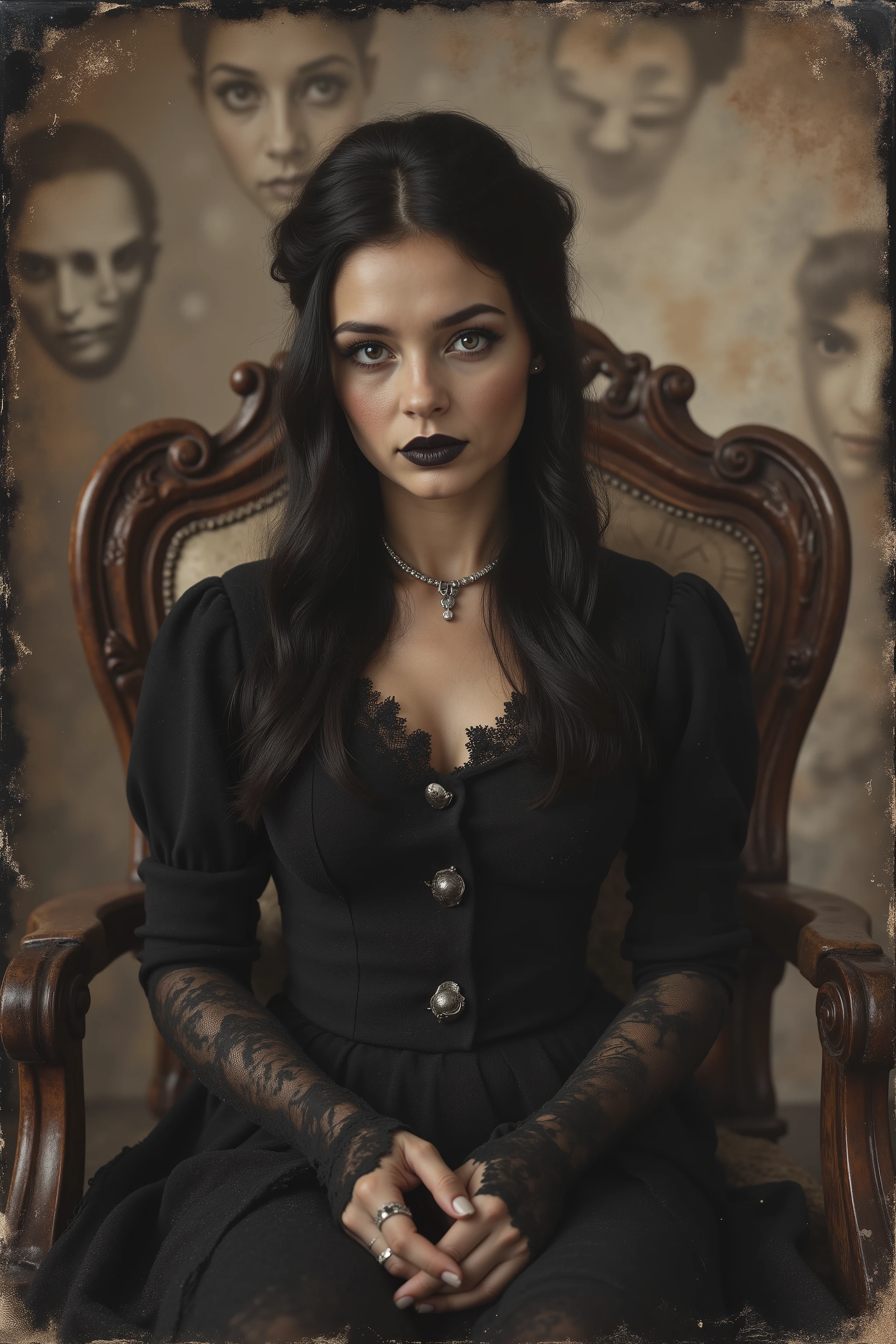 Tintype, daguerreotype photograph, sepia-toned, brown and yellowed with age, antique, vintage, authentic looking, ultra-realistic, photo-realistic, ultra-detailed, HAUNTING GOTHIC NIGHTMARE:
A mesmerizing Victorian portrait of a beautiful young woman with vulnerable eyes and ethereal beauty, going mad, about to scream, fearful, sitting on an overly large throne, a hardwood chair, intricately carved, sculpted madness, overly large and complex, ridiculous throne
HAUNTING MANIFESTATIONS:
- Phantom faces seen in the walls
- Wraith-like figures dancing in peripheral vision
- Ghostly children playing in mirrors behind her
- Lost souls trapped in her eyes, trying to escape
- Spectral hands reaching through her hair
- Time-worn photographs in frames on walls showing strange faces
- Echoes of past victims are visible in reflections
- Shadow people lurking between candlelight
GOTHIC BEAUTY ELEMENTS:
- Aristocratic pale beauty with haunted eyes
- Black Victorian mourning dress with bone buttons
- Silver-threaded cobweb lace details
- Blood-stained pearl choker
- Long black hair moving against gravity
- Dark lipstick appearing like fresh blood
- Ornate silver rings on skeletal fingers
SUPERNATURAL HORROR:
- Reality fracturing around her presence
- Walls bleeding black ectoplasm
- Demon faces morphing in wallpaper
- Clock hands are human skeletal hands
- Furniture casting impossible shadows
- Doors opening to void dimensions
PSYCHOLOGICAL TERROR:
- Expression shifting between beauty and horror
- Multiple versions of her face overlapping
- Time-worn photographs showing her throughout the centuries
- Mirror reflections showing decomposition
- Windows reveal different time periods
- Room deteriorating at the edges
- Madness seeping through dimensional cracks
ATMOSPHERIC ELEMENTS:
- Candlelight flickering unnaturally
- Victorian parlor decaying in real-time
- Moonlight casting skeleton shadows
- Dead flowers
- Temperature drops are visible in the air
Macabre, gothic, victorian, melancholic, dark fantasy art, highly detailed, scary, complex, surreal, disquieting, unnerving, nightmarish imagery, otherworldly, startling presence, icon style, iconic characters, professional movie quality images, cinematic photography, cinematography, full focus, UHDR, highres, physically-based rendering, spooky atmosphere, creepy creepstyle, strange station, wired weirdcore, beautiful young woman with a very large chest, corset, bustle, Parted Lips, Makeup, Wide-Eyed, Kubrick Stare, Best Quality, a masterpiece.