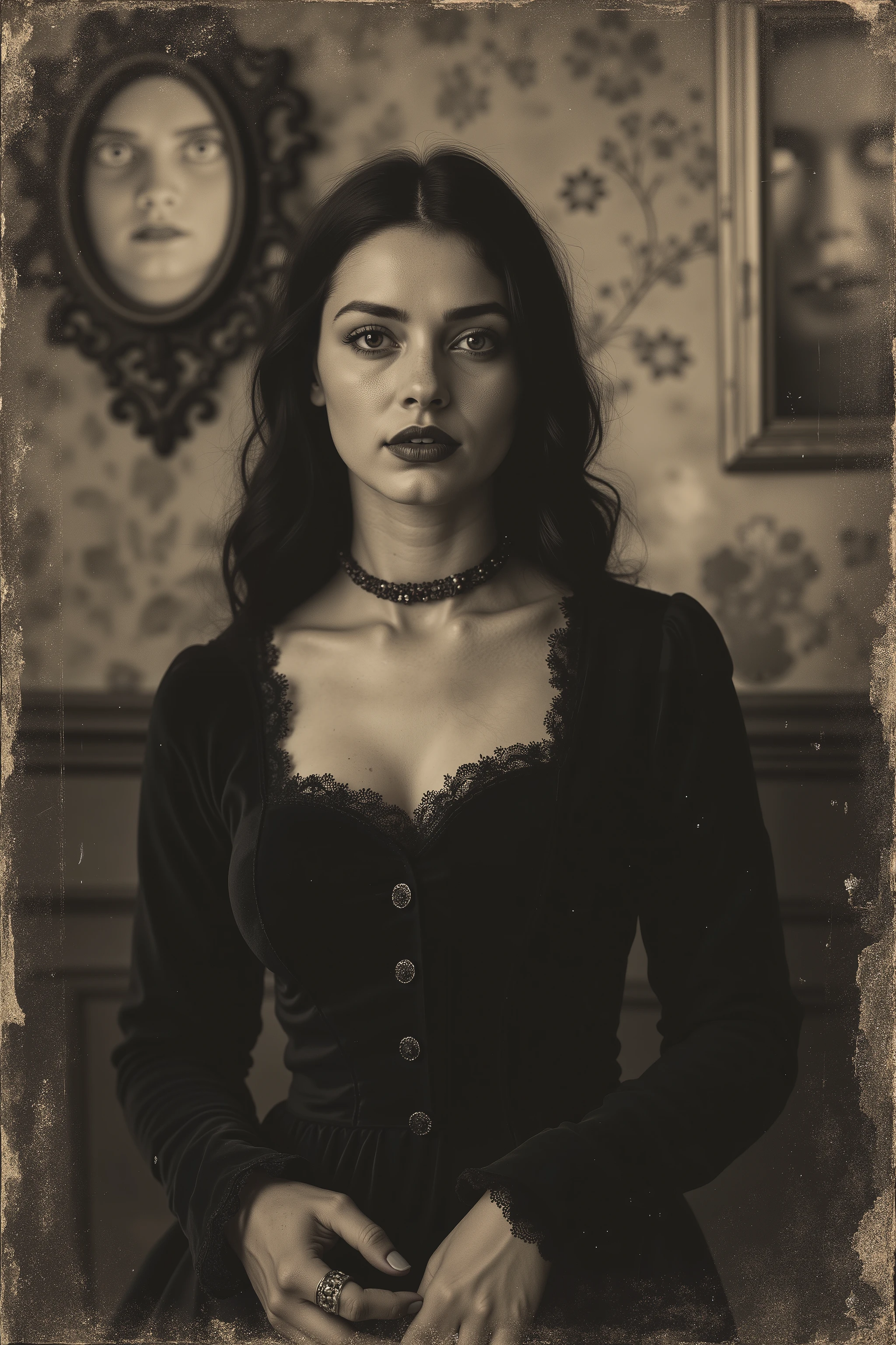 Tintype, daguerreotype photograph, sepia-toned, brown and yellowed with age, antique, vintage, authentic looking, ultra-realistic, photo-realistic, ultra-detailed, HAUNTING GOTHIC NIGHTMARE:
A mesmerizing Victorian portrait of a beautiful young woman with vulnerable eyes and ethereal beauty, going mad, about to scream, fearful
HAUNTING MANIFESTATIONS:
- Phantom faces seen in the walls
- Wraith-like figures dancing in peripheral vision
- Ghostly children playing in mirrors behind her
- Lost souls trapped in her eyes, trying to escape
- Spectral hands reaching through her hair
- Time-worn photographs in frames on walls showing strange faces
- Echoes of past victims are visible in reflections
- Shadow people lurking between candlelight
GOTHIC BEAUTY ELEMENTS:
- Aristocratic pale beauty with haunted eyes
- Black Victorian mourning dress with bone buttons
- Silver-threaded cobweb lace details
- Blood-stained pearl choker
- Long black hair moving against gravity
- Dark lipstick appearing like fresh blood
- Ornate silver rings on skeletal fingers
SUPERNATURAL HORROR:
- Reality fracturing around her presence
- Walls bleeding black ectoplasm
- Ghostly mist forming skeletal shapes
- Demon faces morphing in wallpaper
- Clock hands are human skeletal hands
- Furniture casting impossible shadows
- Doors opening to void dimensions
PSYCHOLOGICAL TERROR:
- Expression shifting between beauty and horror
- Multiple versions of her face overlapping
- Time-worn photographs showing her throughout the centuries
- Mirror reflections showing decomposition
- Windows reveal different time periods
- Room deteriorating at the edges
- Madness seeping through dimensional cracks
ATMOSPHERIC ELEMENTS:
- Ghostly orbs floating in darkness
- Candlelight flickering unnaturally
- Victorian parlor decaying in real-time
- Moonlight casting skeleton shadows
- Dead flowers
- Dust particles forming faces
- Temperature drops are visible in the air
Macabre, gothic, victorian, melancholic, dark fantasy art, highly detailed, scary, complex, surreal, disquieting, unnerving, nightmarish imagery, otherworldly, startling presence, icon style, iconic characters, professional movie quality images, cinematic photography, cinematography, full focus, UHDR, highres, physically-based rendering, spooky atmosphere, creepy creepstyle, strange station, wired weirdcore, beautiful young woman with a very large chest, corset, bustle, Parted Lips, Makeup, Wide-Eyed, Kubrick Stare, Best Quality, a masterpiece.