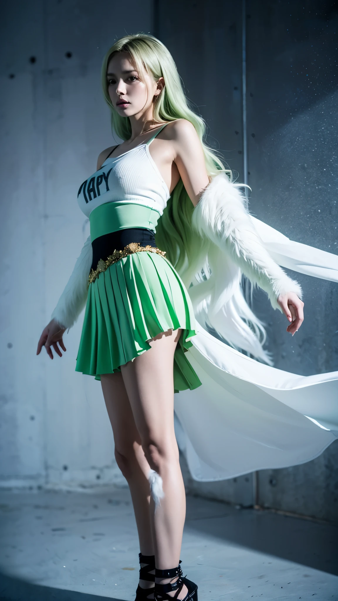 A hyper-realistic and ultra-detailed portrait of Monet from One Piece reimagined in real life. She has long, flowing mint-green hair with soft waves that cascade over her shoulders, glowing golden-yellow eyes with a sharp yet alluring gaze, and delicate yet mysterious facial features. Her skin is pale with a porcelain-like glow, enhancing her otherworldly charm. She has large, majestic snowy-white harpy wings extending from her back, each feather intricately detailed with soft textures that catch the light. Monet wears her signature revealing outfit: a short, white fur-lined top and matching skirt that accentuate her slim figure, combined with long stockings and heels. The setting is a cold, eerie, and mystical environment resembling Punk Hazard’s icy landscape, with mist swirling around her feet. Her expression is calm yet dangerous, a mix of elegance and menace. Ultra-realistic lighting, cinematic atmosphere, extreme detail on hair strands, feathers, and fabric textures, 8K resolution, photorealistic style