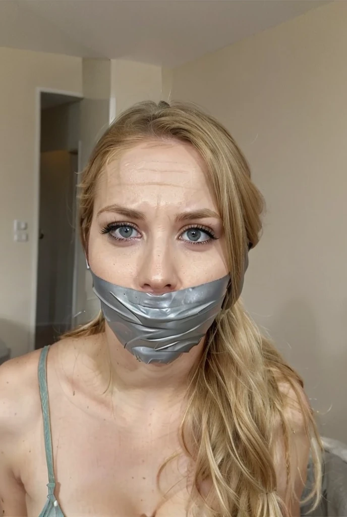 tape gag, 1girl, solo, gagged ,ultra high res, ultra-detailed, 8k uhd, dslr, soft lighting, high quality, (film grain), Fujifilm XT3,  <lora:MS_Real_XL_Taped_Lite:1>