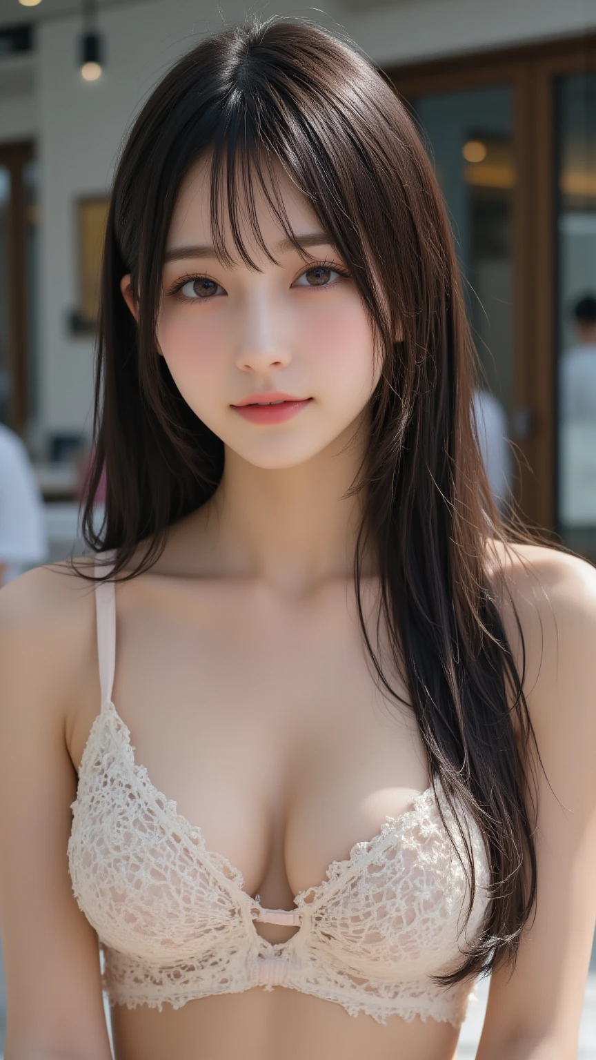 Young girl ,masterpiece,Realistic,32k,Highly detailed CG 8K wallpaper, Highest quality ,Upper Body,((Gray Hair:1.2))、(((White Bra 1.85)))、