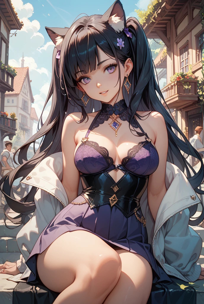 beautiful, (masterpiece:1.2), (best quality:1.2), perfect eyes, perfect face, perfect lighting, 1girl, bangs, bare shoulders, black gloves, black hair, blunt bangs, breasts, choker, cleavage, closed eyes, collarbone, elbow gloves, eyeshadow, gloves, large breasts, lipstick, long hair, makeup, purple eyeshadow, solo, strapless, thigh boots, thighhighs