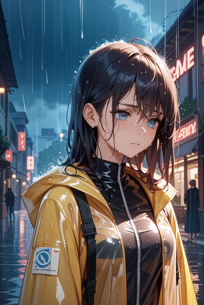 masterpiece,best quality,1girl,brown eyes,upper body,yellow rain jacket,storm clouds,puddles,breasts