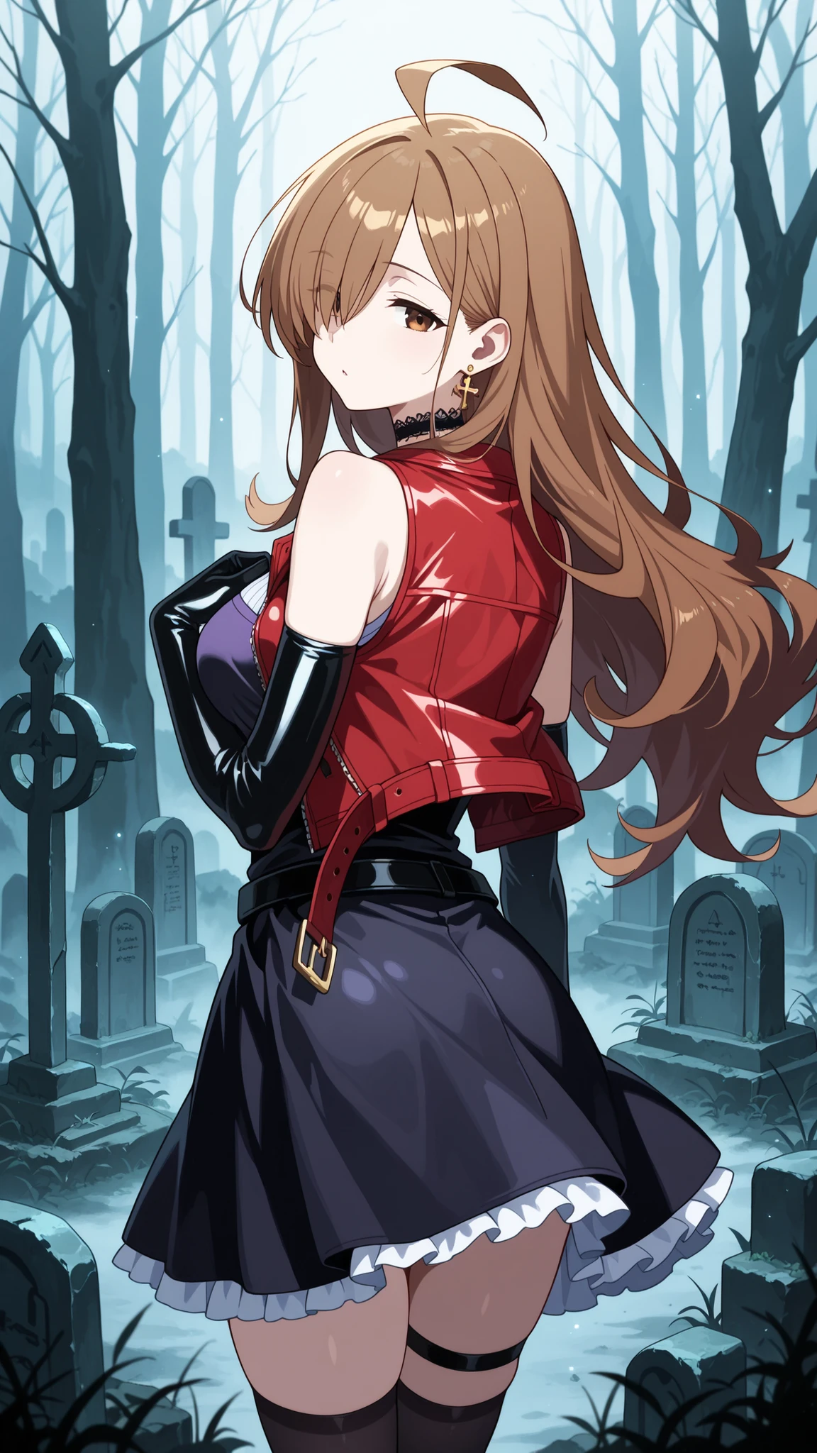 BREAK (masterpiece:1.2), best quality, high resolution, unity 8k wallpaper, (illustration:0.8),Ancient stone graveyard overgrown with weeds,  
fog rolling through crooked tombstones,  
leafless trees looming in the distance,  
pale light filtering through clouds,  
anime eerie background, high detail,wiz, ahoge, brown eyes, light brown hair, hair over one eye, long hair, jewelry,frilled skirt,leather skirt,dress, bare shoulders,belt, miniskirt, black skirt, black dress, thigh strap, sleeveless dress,black belt,red leather jacket,open jacket,black lace choker,earrings,black thighhighs,black gloves, elbow gloves,looking at viewer,cowboy shot,wide-angel,seductive expression,floatitng hair,from behind,photo from back,dark aura