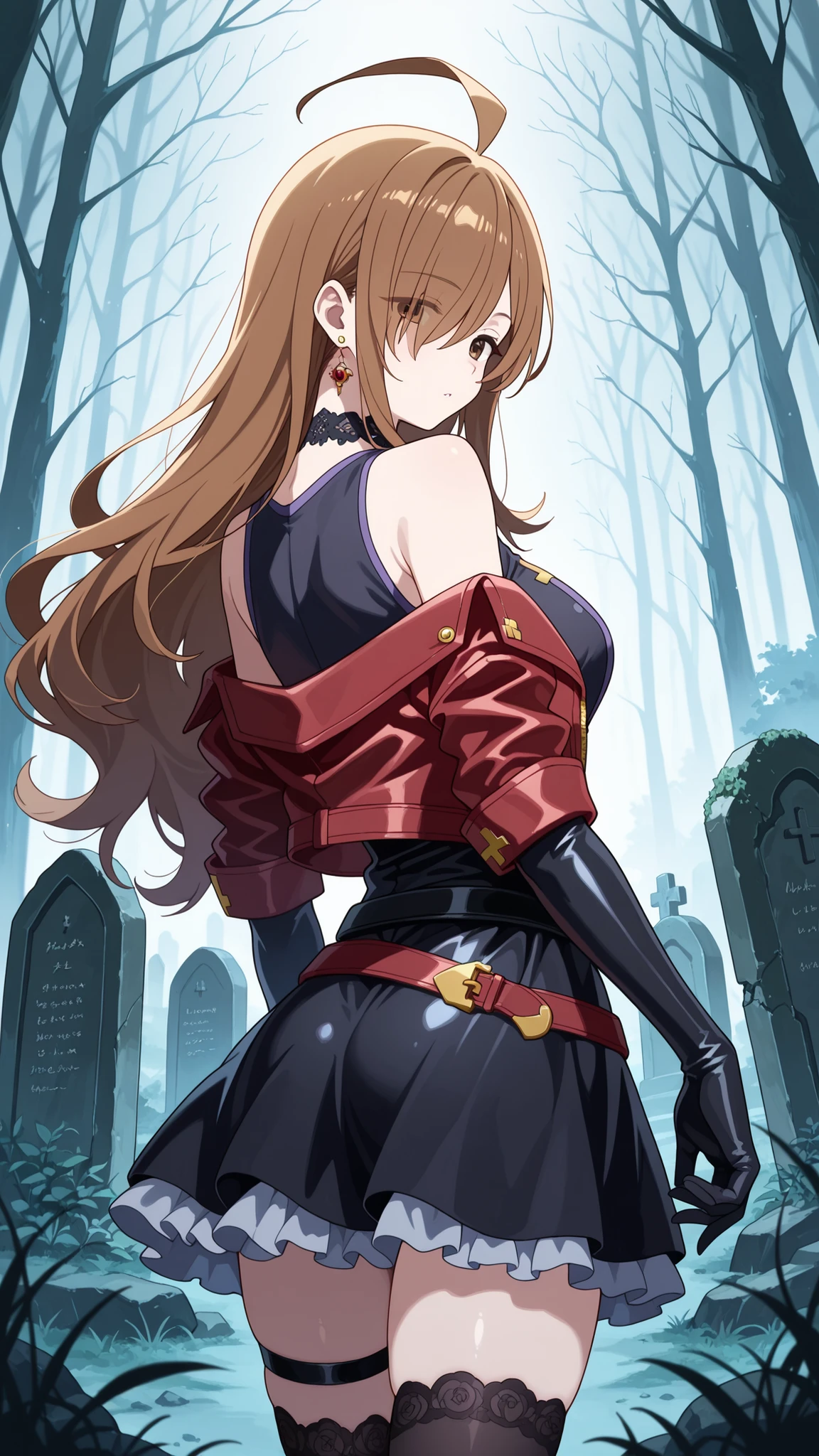 BREAK (masterpiece:1.2), best quality, high resolution, unity 8k wallpaper, (illustration:0.8),Ancient stone graveyard overgrown with weeds,  
fog rolling through crooked tombstones,  
leafless trees looming in the distance,  
pale light filtering through clouds,  
anime eerie background, high detail,wiz, ahoge, brown eyes, light brown hair, hair over one eye, long hair, jewelry,frilled skirt,leather skirt,dress, bare shoulders,belt, miniskirt, black skirt, black dress, thigh strap, sleeveless dress,black belt,red leather jacket,open jacket,black lace choker,earrings,black thighhighs,black gloves, elbow gloves,looking at viewer,cowboy shot,wide-angel,seductive expression,floatitng hair,from behind,photo from back,dark aura