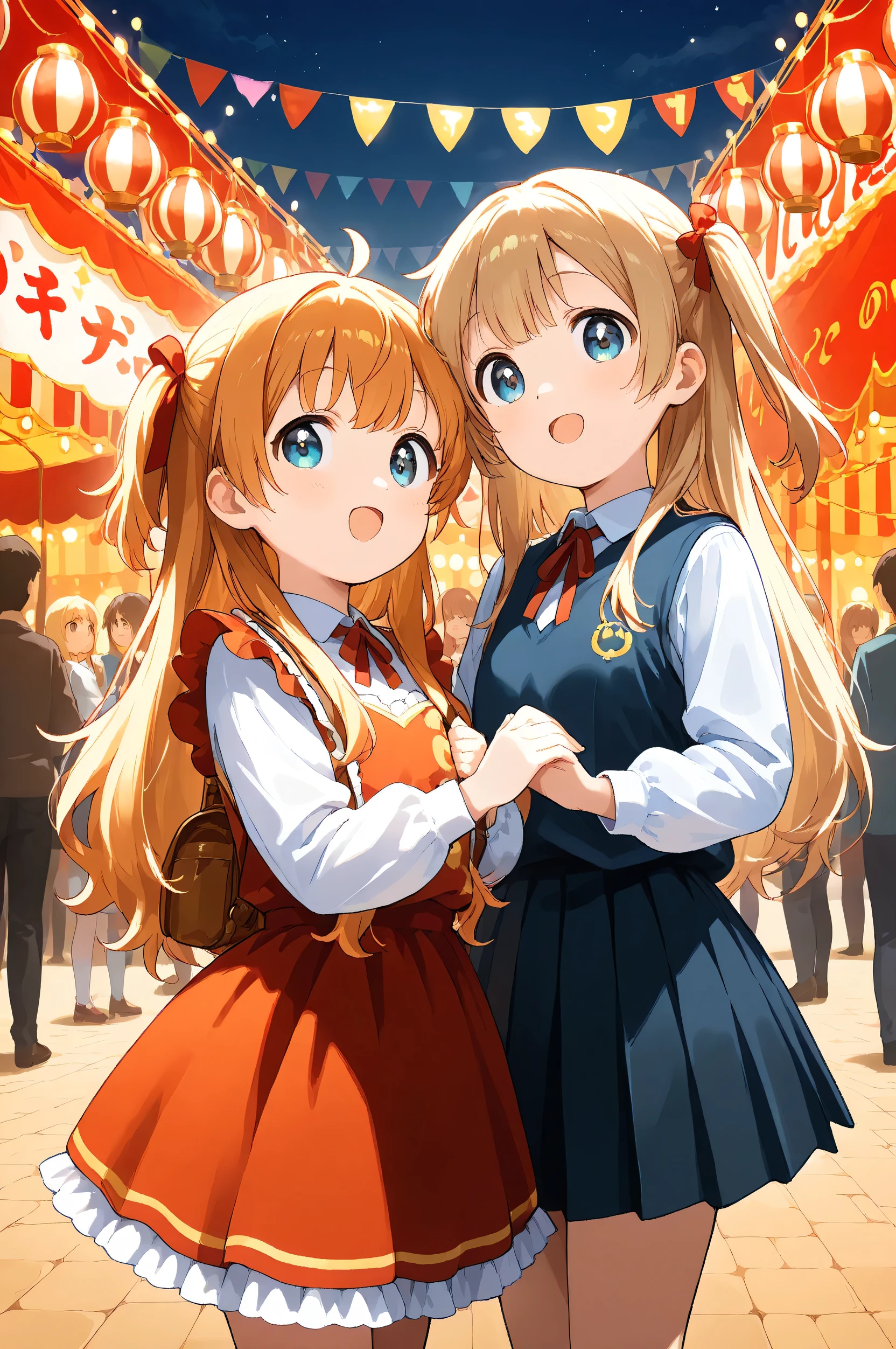 two girls, circus duo, A very lively festival, There are a lot of people,