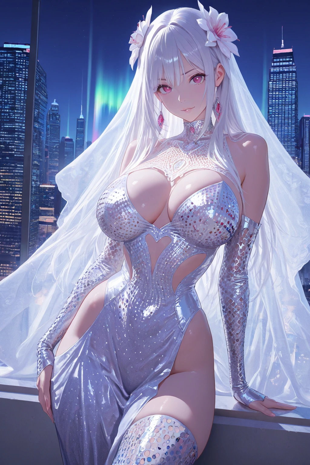 a woman wearing a silver sex dress, Emilia,smiling, big breasts, near a well-detailed black car, on a track in a large city at night, perfect lighting,HDR, ultra resolution , very detailed, masterpiece, ultra quality, 4K HD.
