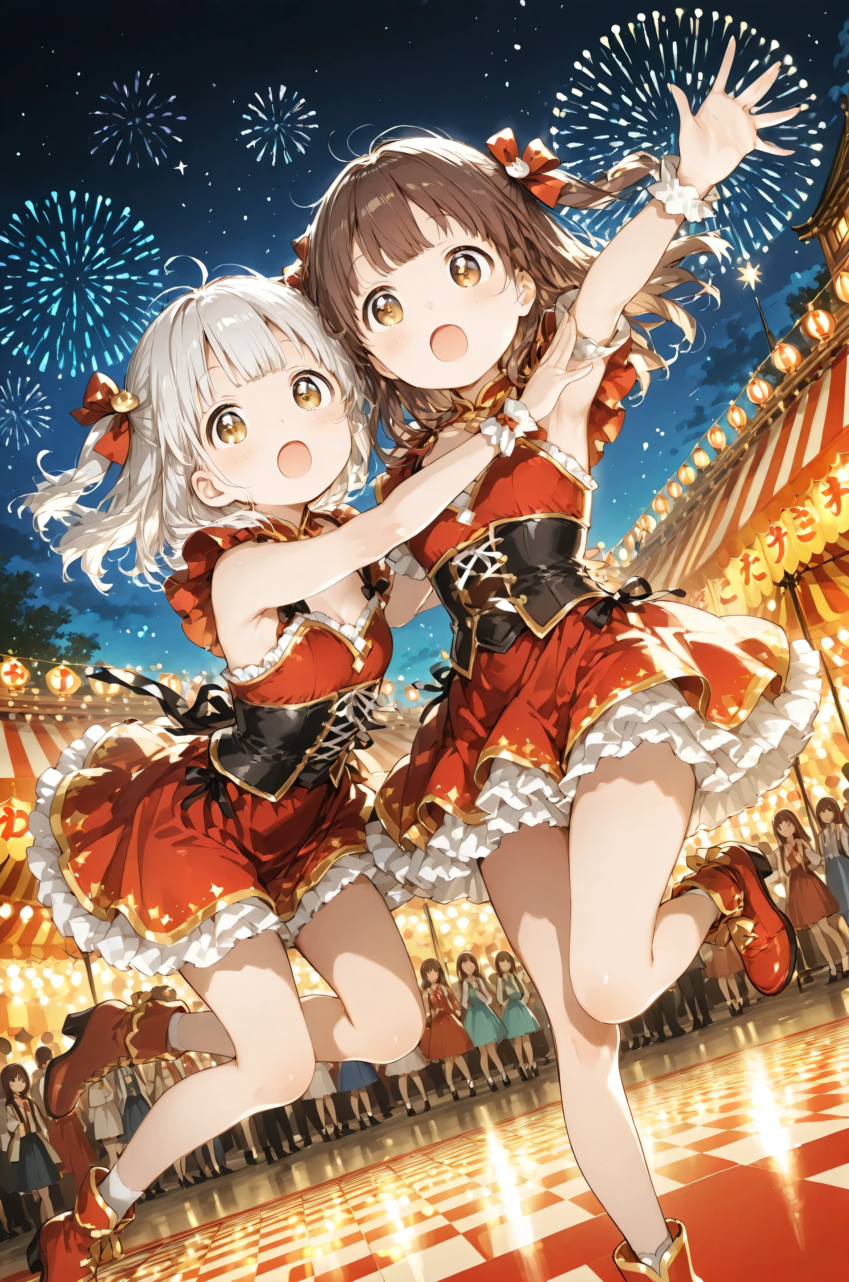 two girls, circus duo, beautiful hair, cute hair style, large eyes, lively festival at night, on the stage, There are a lot of people, night, dynamic pose, dynamic angle,