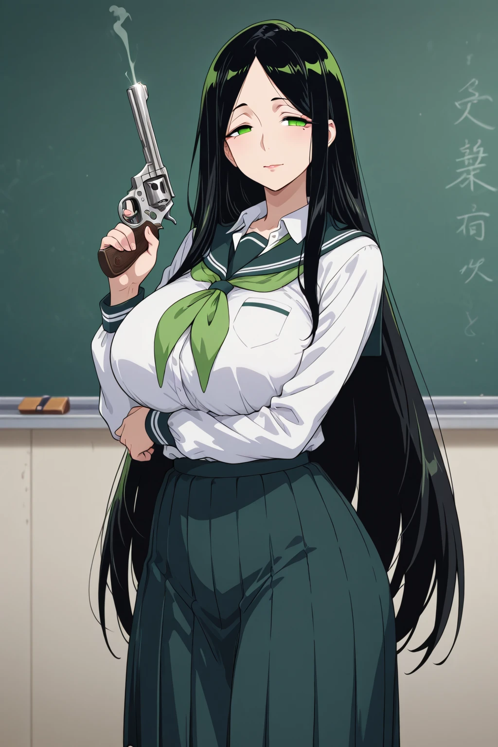 score_9, score_8_up, score_7_up, source_anime BREAK 1girl, cowboy shot, solo, looking at viewer,
  <lora:KagariAyakaDwnsty:0.9>, kagariwitch, black hair, green eyes, long hair, ahoge, witch hat, school uniform, sweater vest, necktie, skirt, black thighhighs, 
, lips, expressionless,  , leaning forward, finger to own chin, leaning forward, 
outdoors, blue sky, nature, grass,