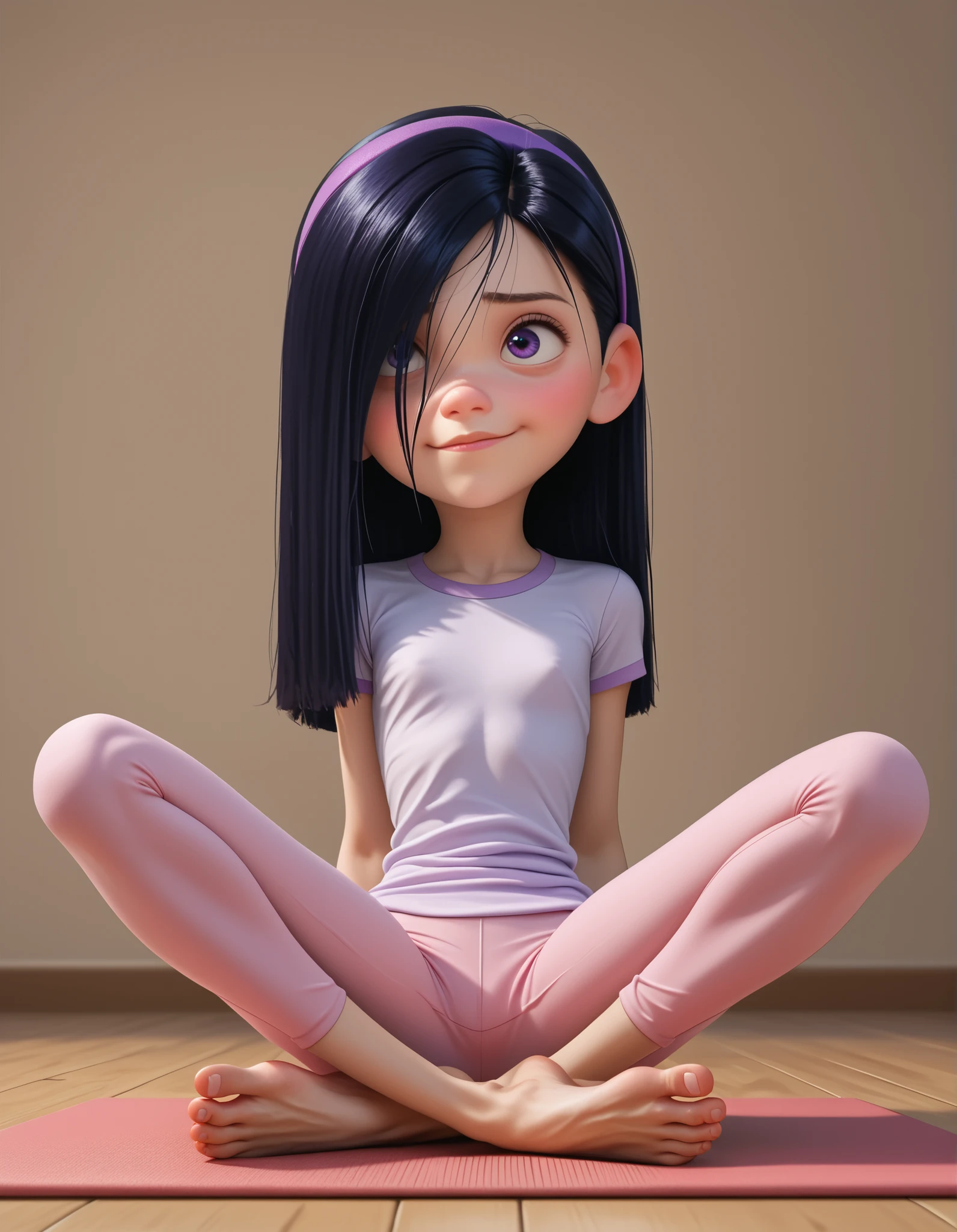 score_9, score_8_up, score_7_up, score_6_up, score_5_up, score_4_up, 1girl, VioletParr, purple headband, long black hair, hair covering one eye, sitting, her hands are behind her back, barefoot, purple eyes, small smile, white shirt, yoga pants, hot sexy legs, flat chest, full body view, front view from below her feet.