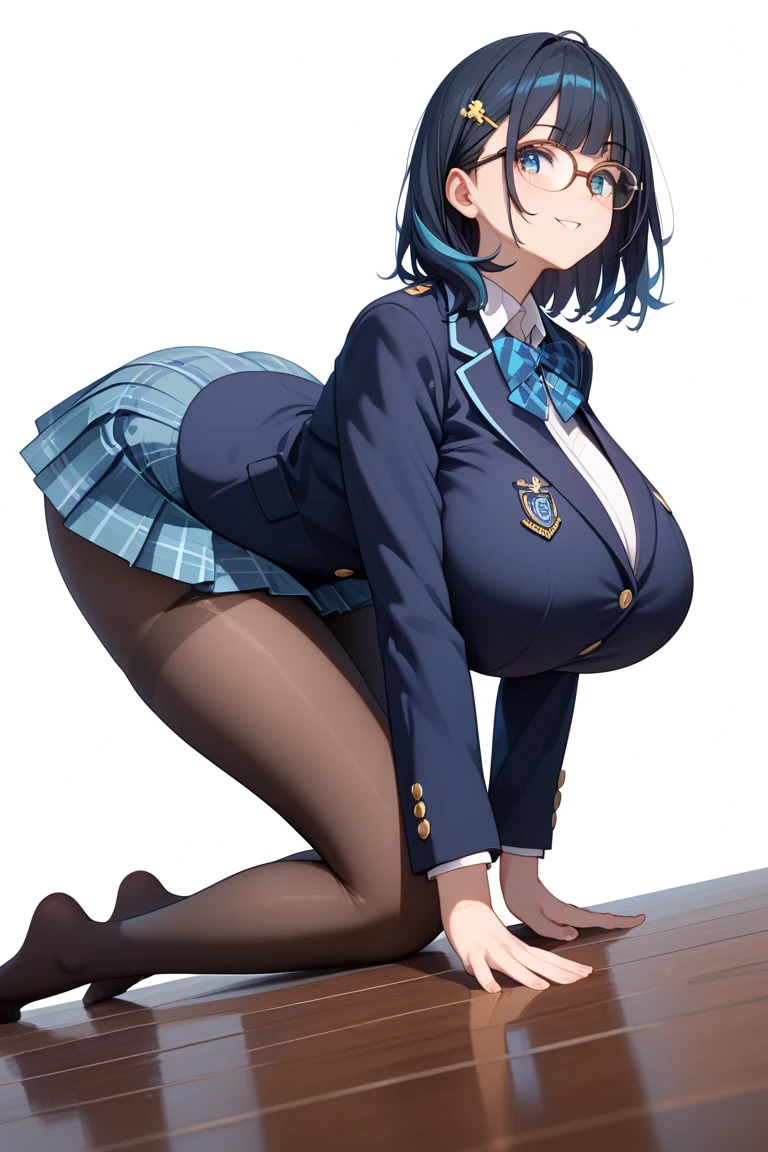 One Girl, Five Fingers, mini skirt, Looking down at the viewer, Twin tails, Highest quality, Focus on the thighs, Dynamic pose, smile, blazer, blouse, Black Pantyhose, panties under pantyhose, Standing Split, classroom, Black Hair, Stylish pose,My thighs are steaming between the legs 