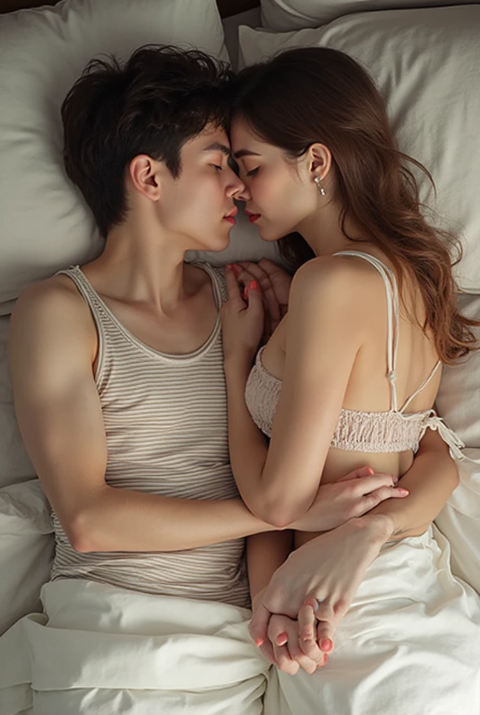 man wearing surgical gloves and nike socks sleeps with woman