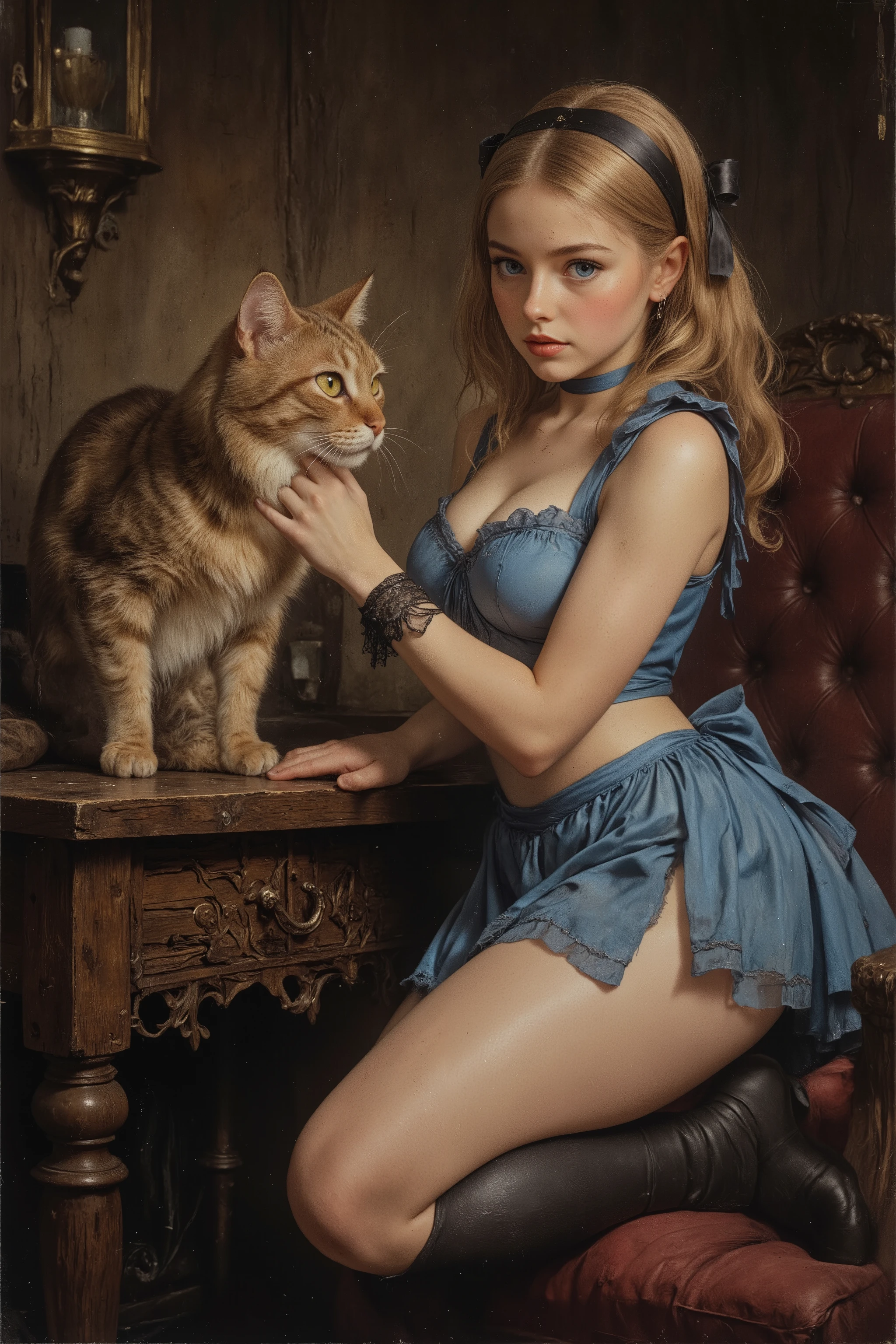 The prostitute Alice seduces the Cheshire Cat,
antqgldnCE style,
nsfw,
for Adult,
Photorealism,
((A scene from a live-action movie)),
Incredibly detailed,
19th century photo, antique photo, sepia toned photo,
Alice has straight blonde hair that reaches her shoulders,
Alice has blue eyes,
Alice has a black ribbon hair ornament,
Alice is wearing a blue knee-length, buff-sleeved dress with a slutty feel,
Alice and the Cheshire Cat, the prostitute Alice is flirting with the Cheshire Cat,