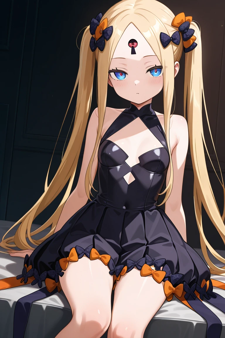masterpiece, best quality, 1girl, solo, green_eyes, (blonde_hair:1.5), (red_multicolored_hair:1.3), hair_between_eyes, long_hair, twintails, braid, smile, closed_mouth, (blush:1.2), hair_ornament, shiny_skin, standing, <lora:CostumeJanusHalloweenV1:1>black nightgown, miniskirt, outdoors, (skirt_lift:1.2), from below,