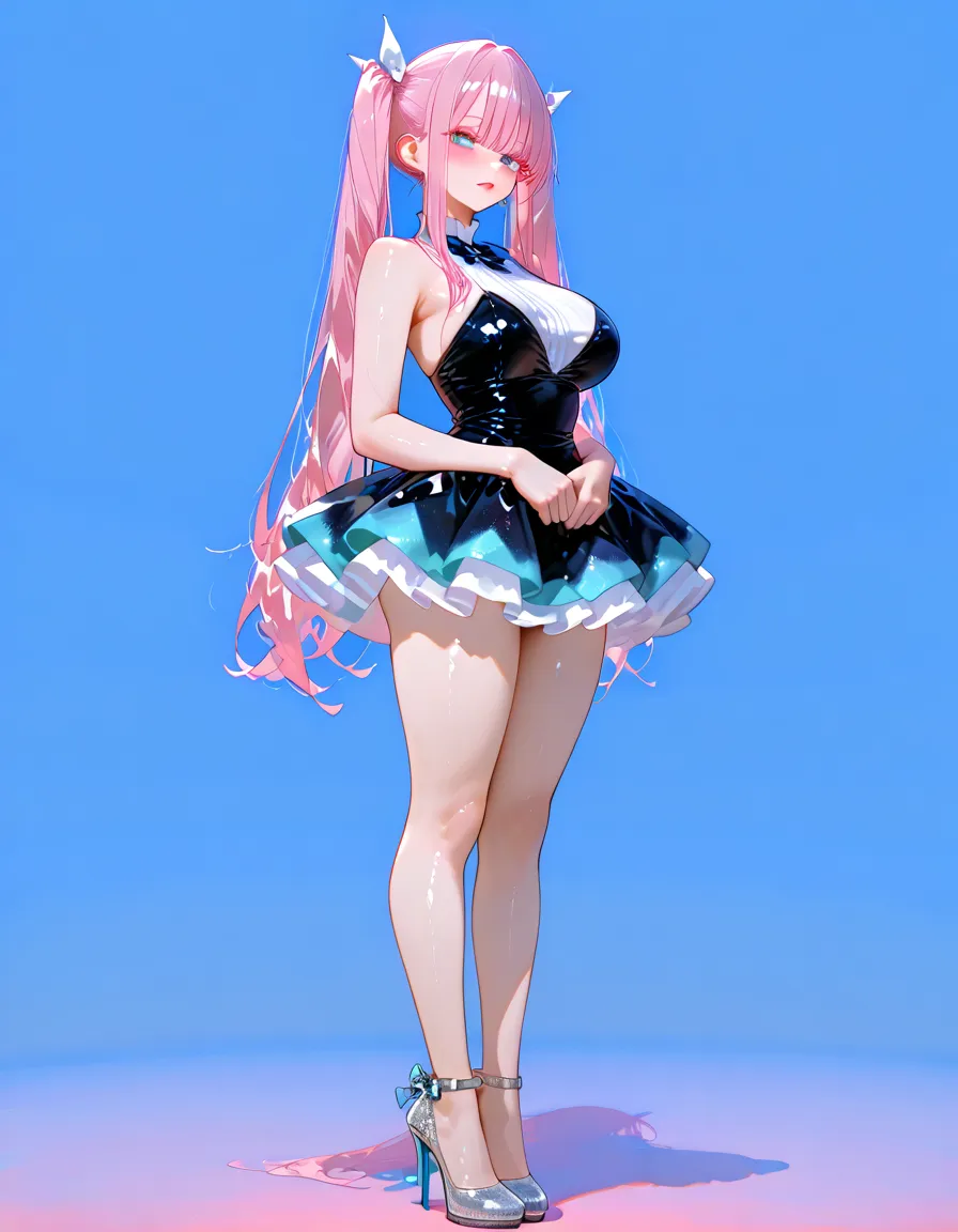 shortstackbt, huge breasts, thick thighs, phoenica fleecity, 1girl, blonde hair, smile, happy face, blue eyes, pink dress, pink bows, hair bells, hair ornaments, blue socks, cute, big bells, night, no lights, dark